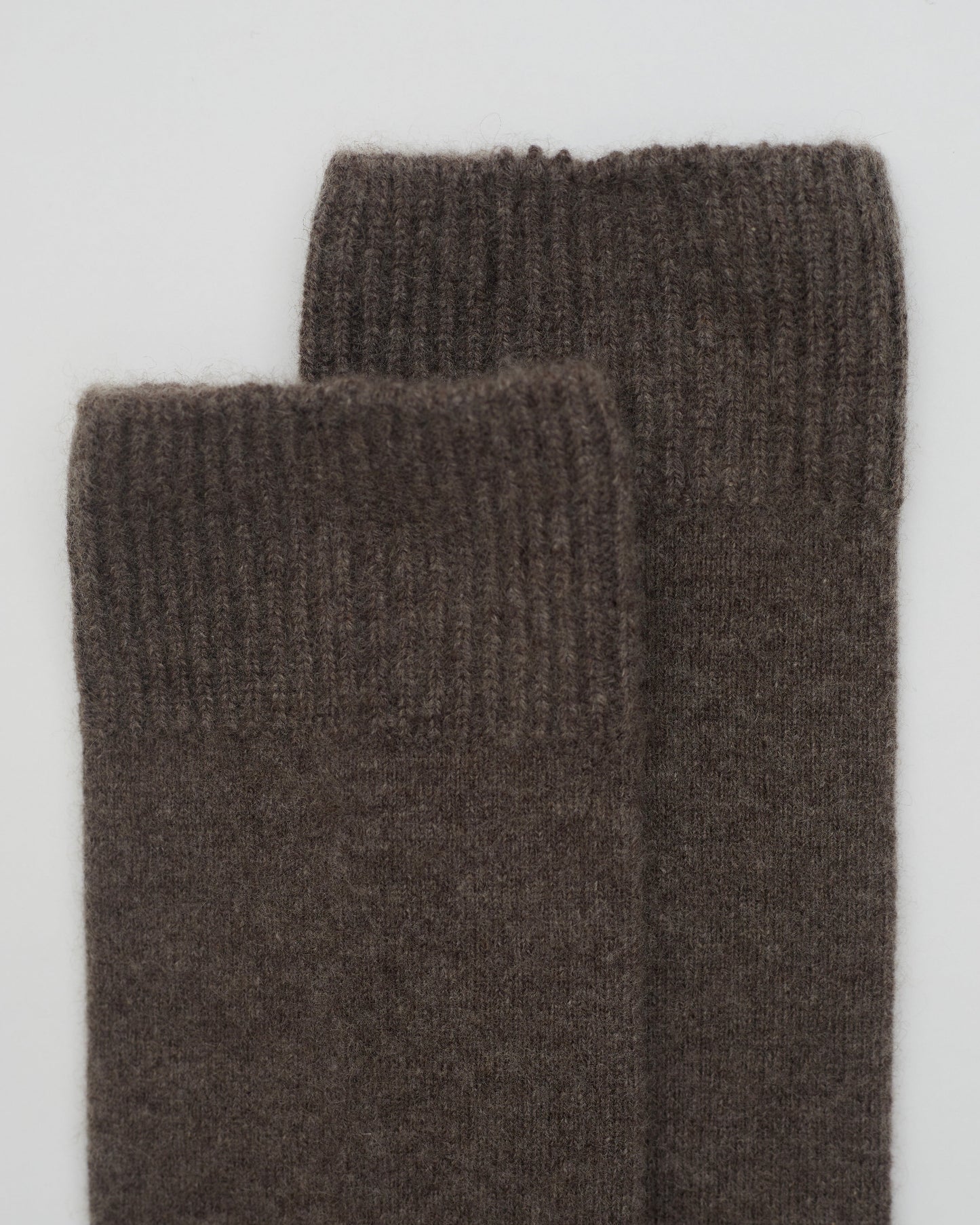 Close up flat lay of Brown Cashmere Long Socks with ribbed knit detail
