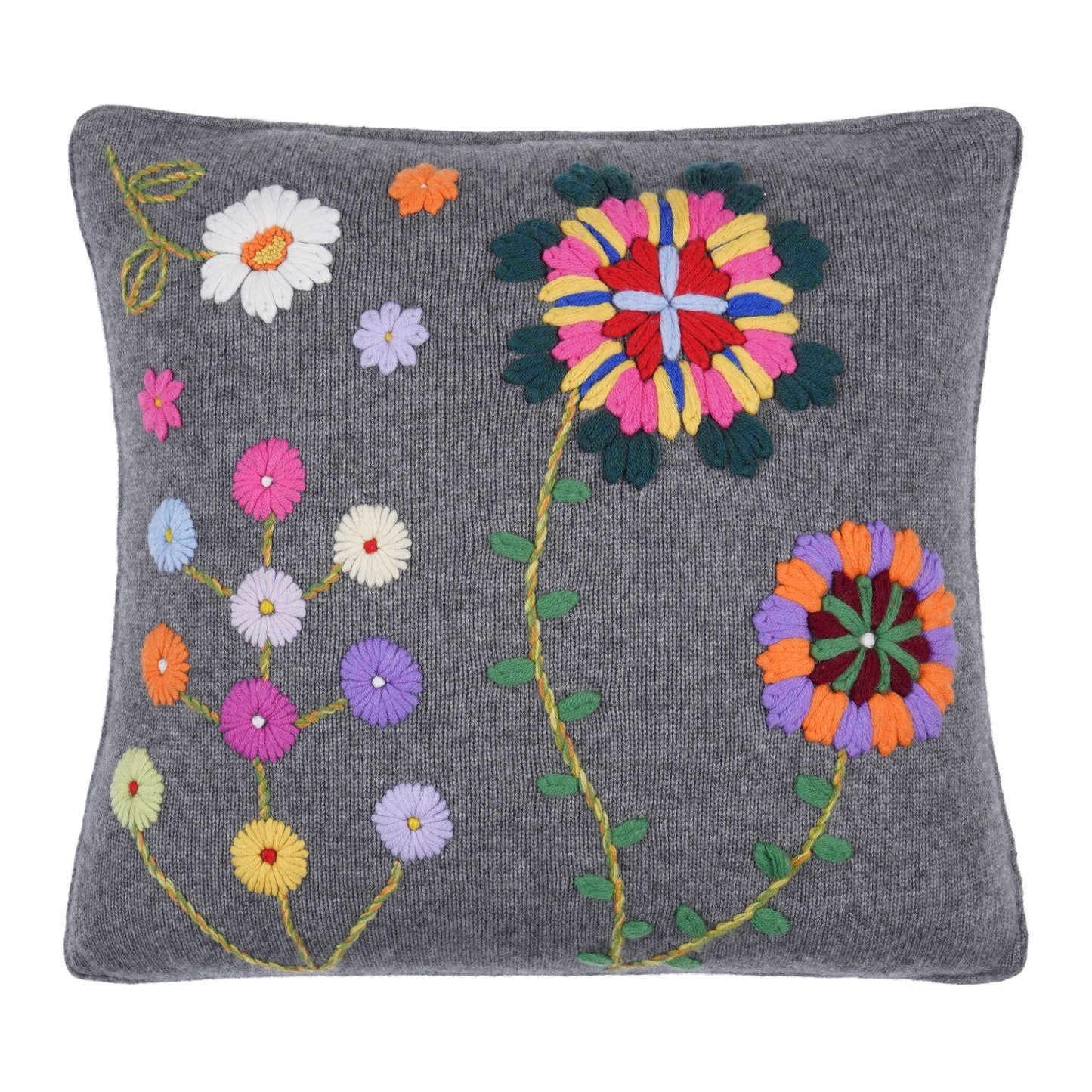 Grey knitted cashmere cushion with bright coloured floral hand embroidery.