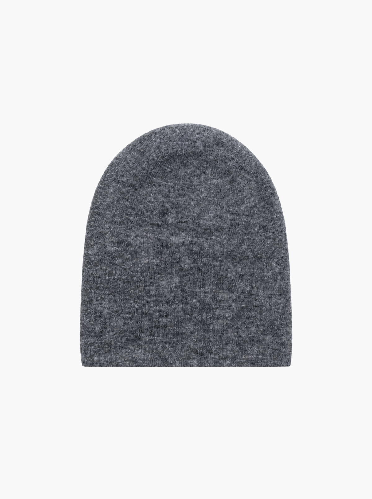 A dark gray heathered knit beanie hat shown flat against a solid white background.