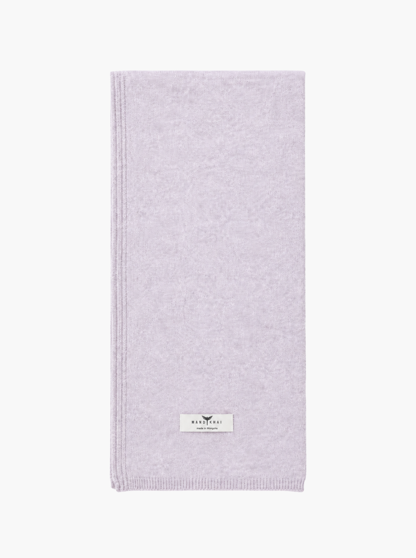 A light lavender knit scarf with a small white brand label near the bottom edge, displayed flat against a clean white background.