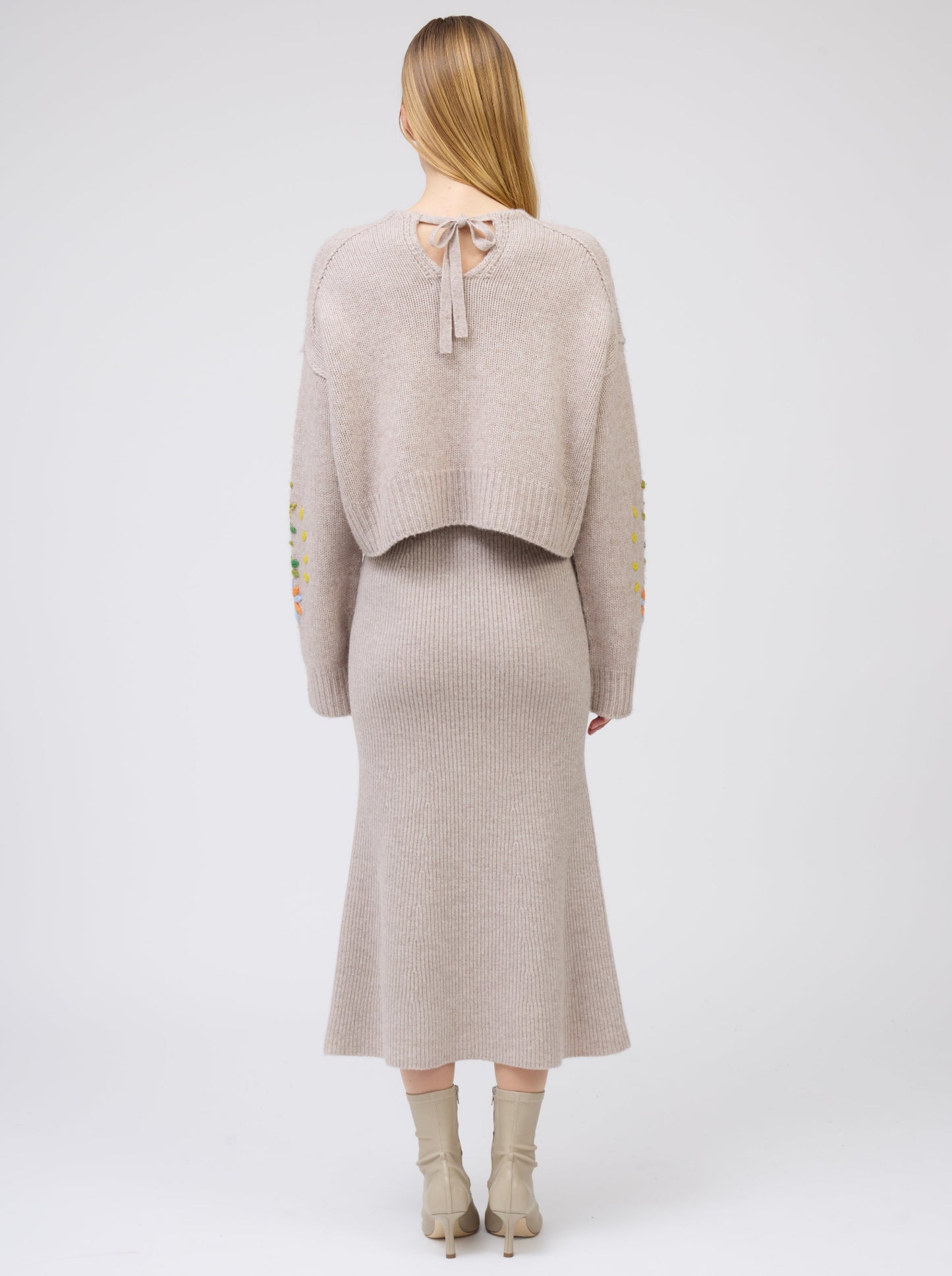 New Beige Cropped Embroidered Jumper with Ribbon Tie