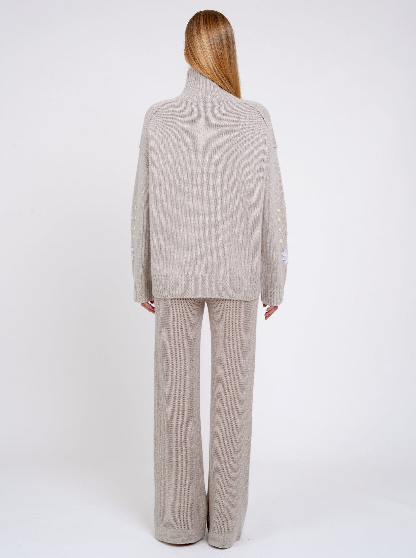 New Beige Pastel Embroidered Roll Neck Jumper