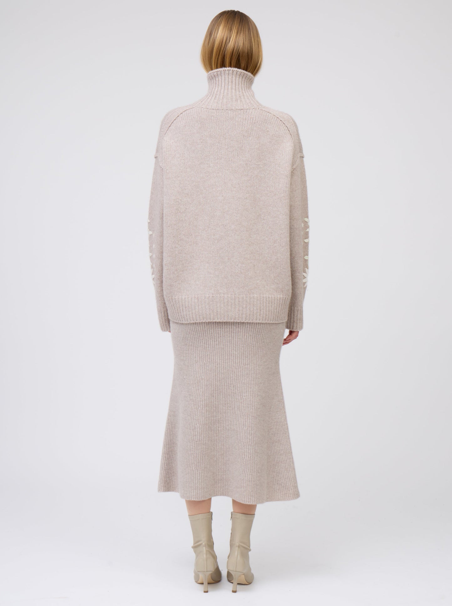 New Beige Midi Cashmere Knit Flared Skirt