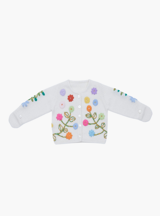 front flat lay of the embroidered baby cashmere cardigan in white with multicolour flowers