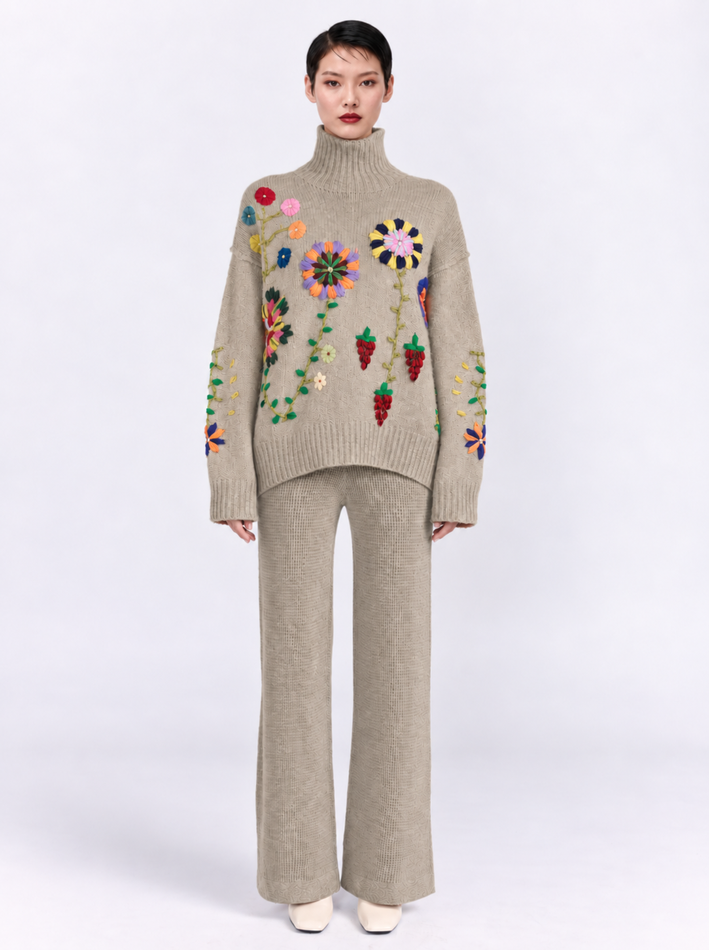 Light Brown Hand Embroidered Roll Neck Sweater