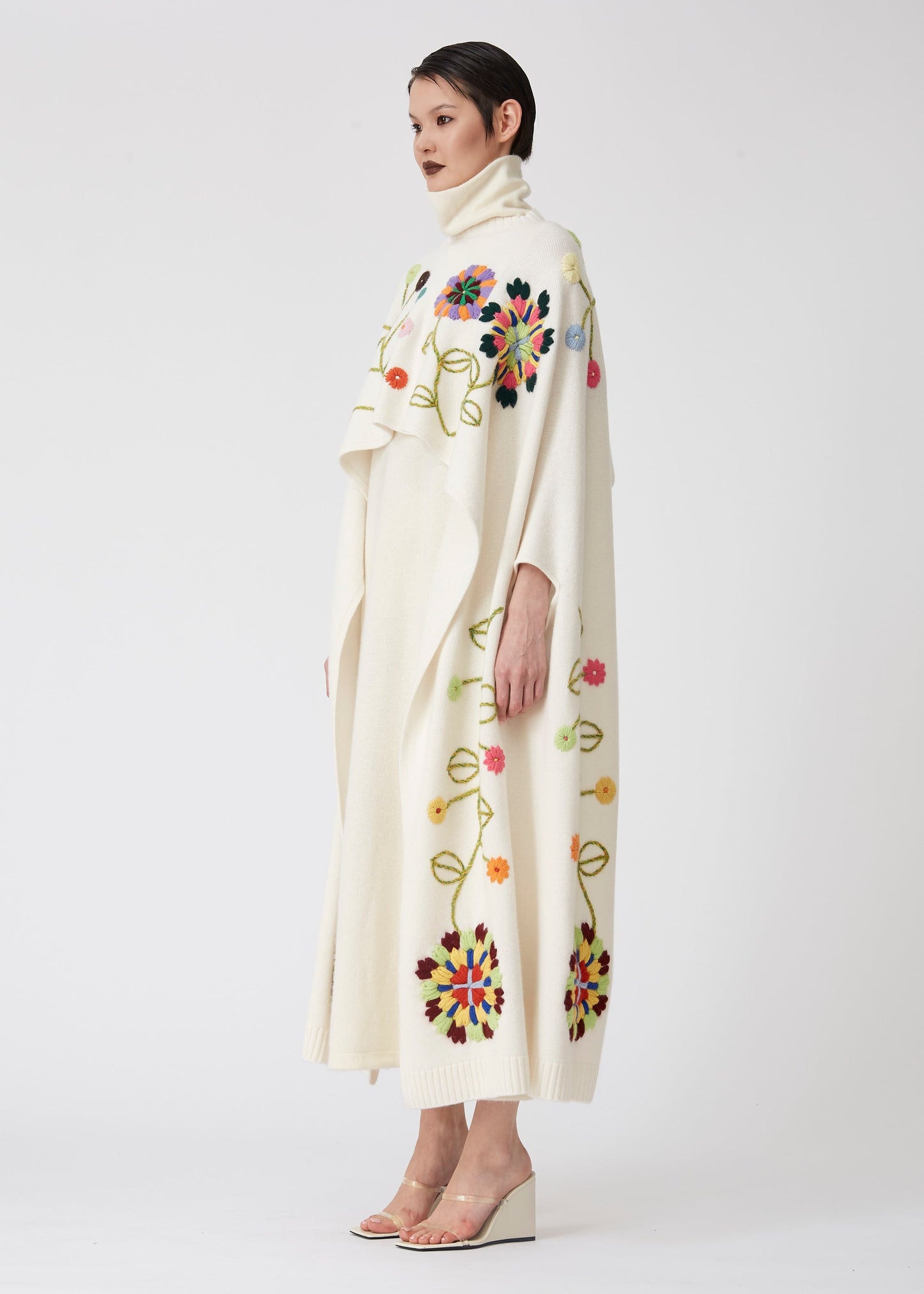 White Hand Embroidered 3 Hole Cashmere Poncho