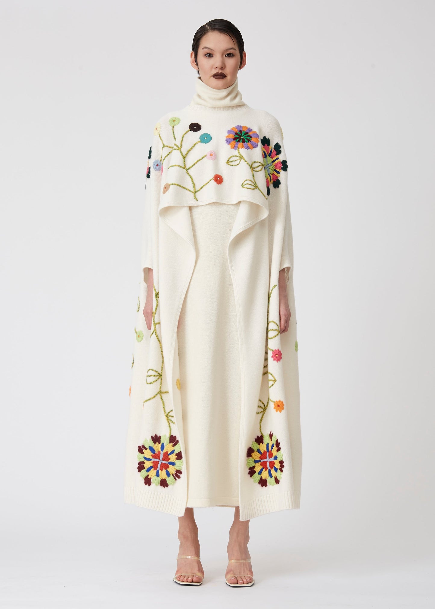 White Hand Embroidered 3 Hole Cashmere Poncho