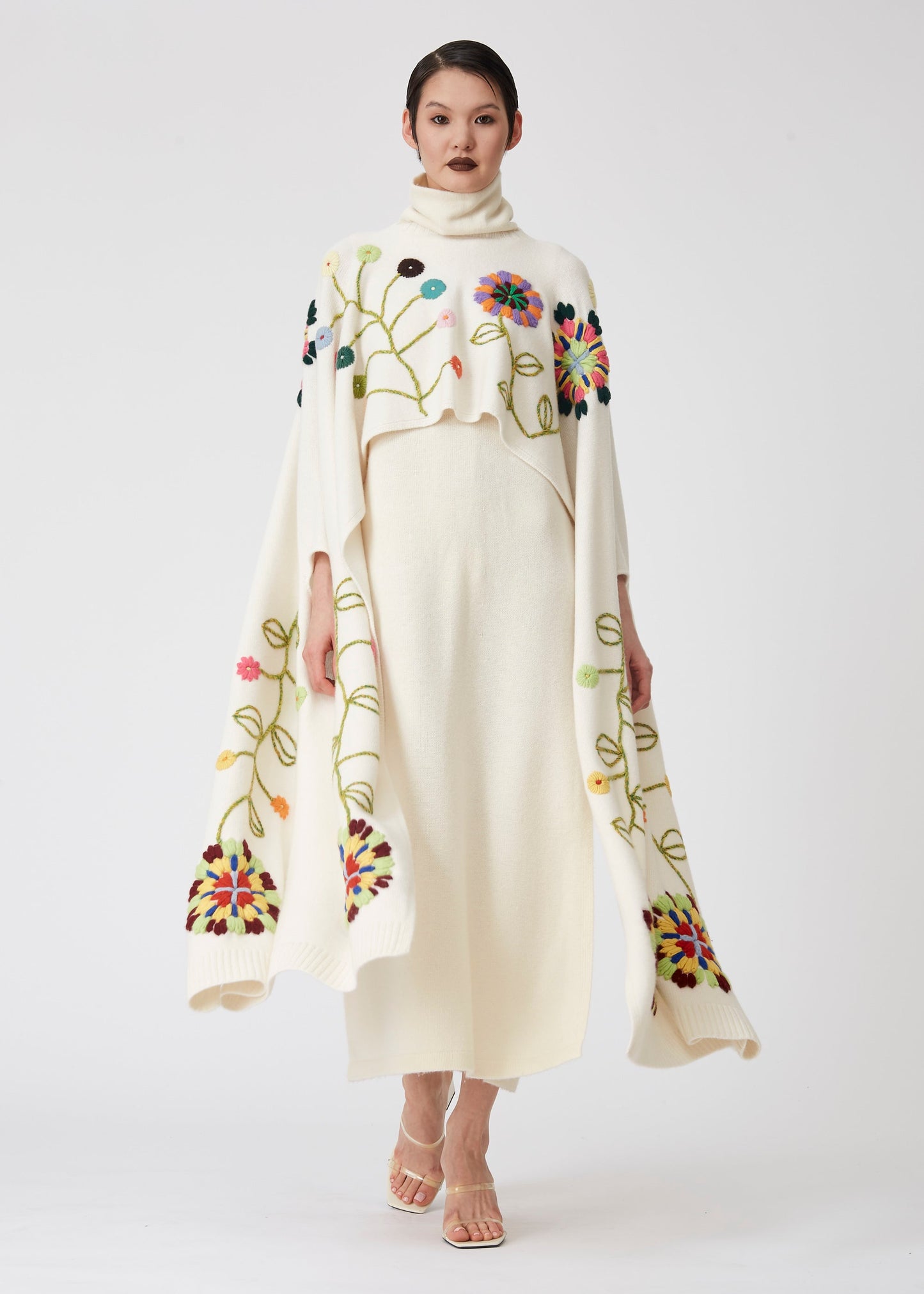 White Hand Embroidered 3 Hole Cashmere Poncho