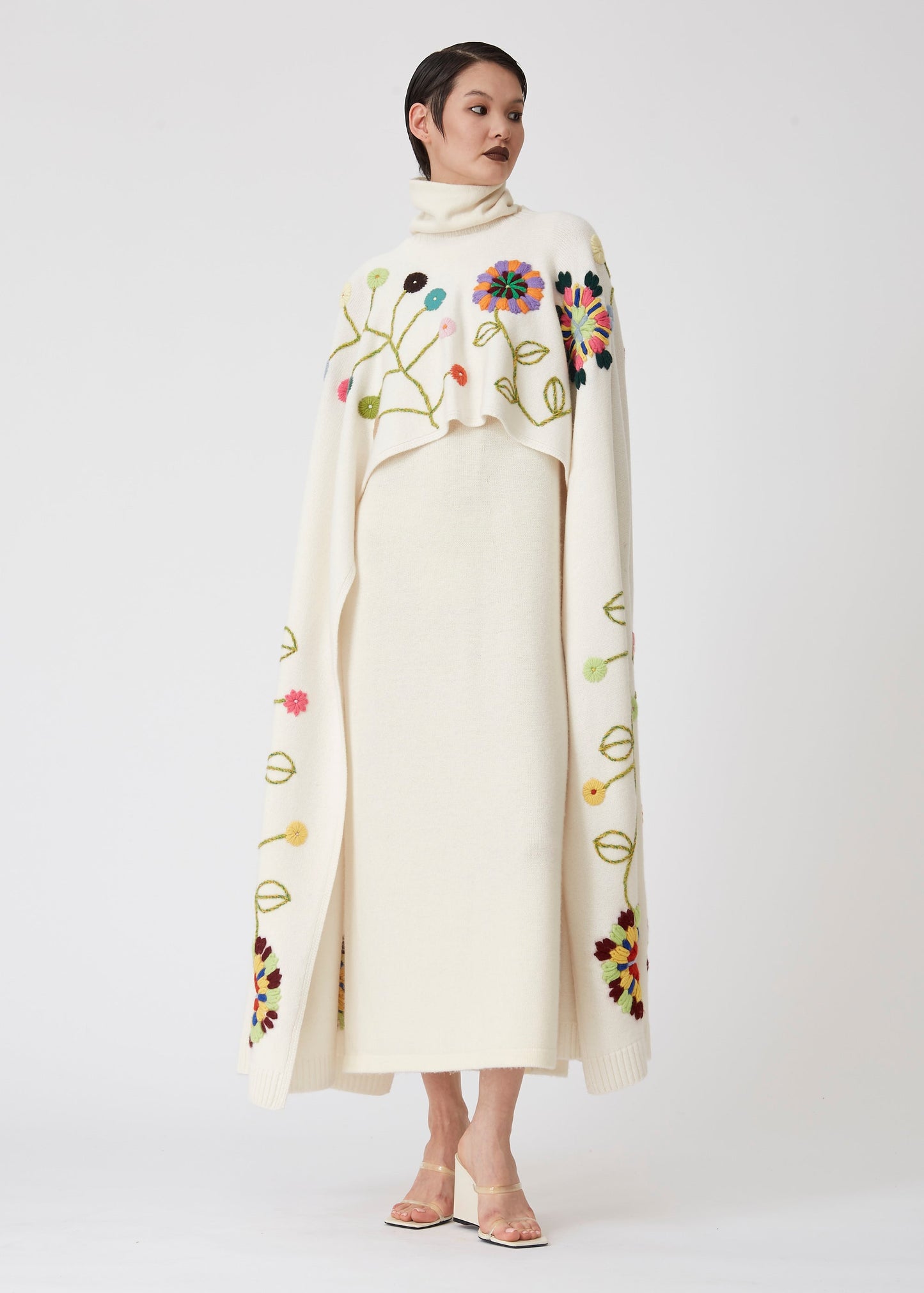 White Hand Embroidered 3 Hole Cashmere Poncho