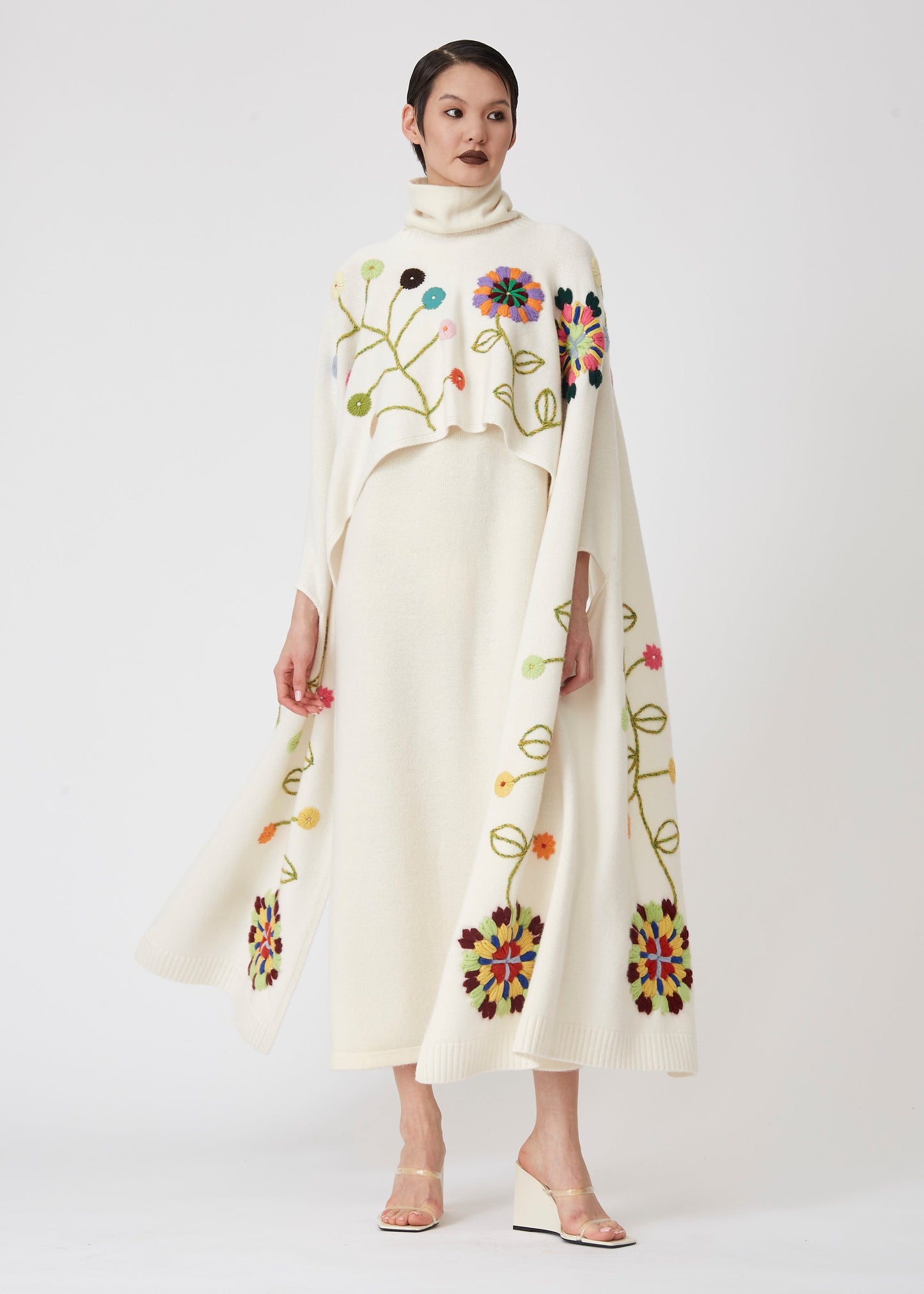 White Hand Embroidered 3 Hole Cashmere Poncho
