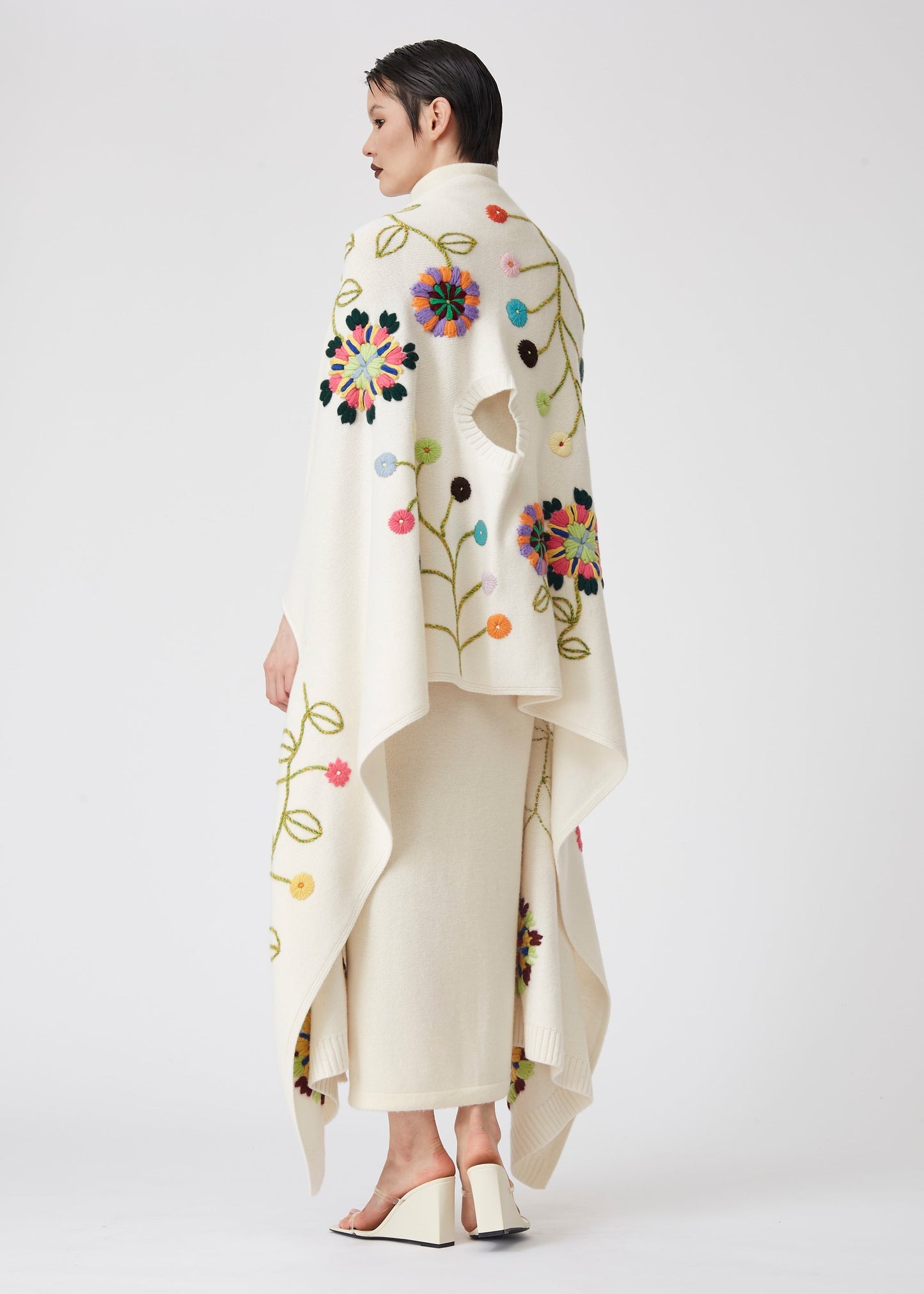 White Hand Embroidered 3 Hole Cashmere Poncho