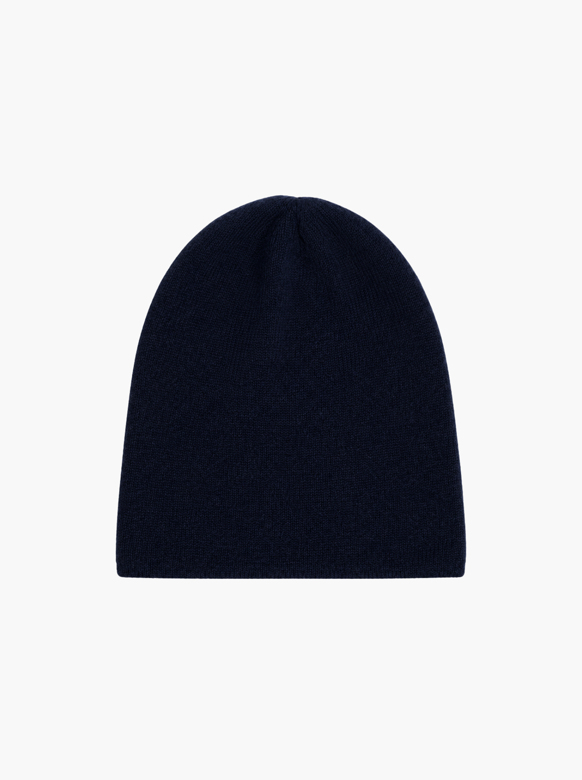 A dark navy blue knit beanie hat, photographed flat against a solid white background.