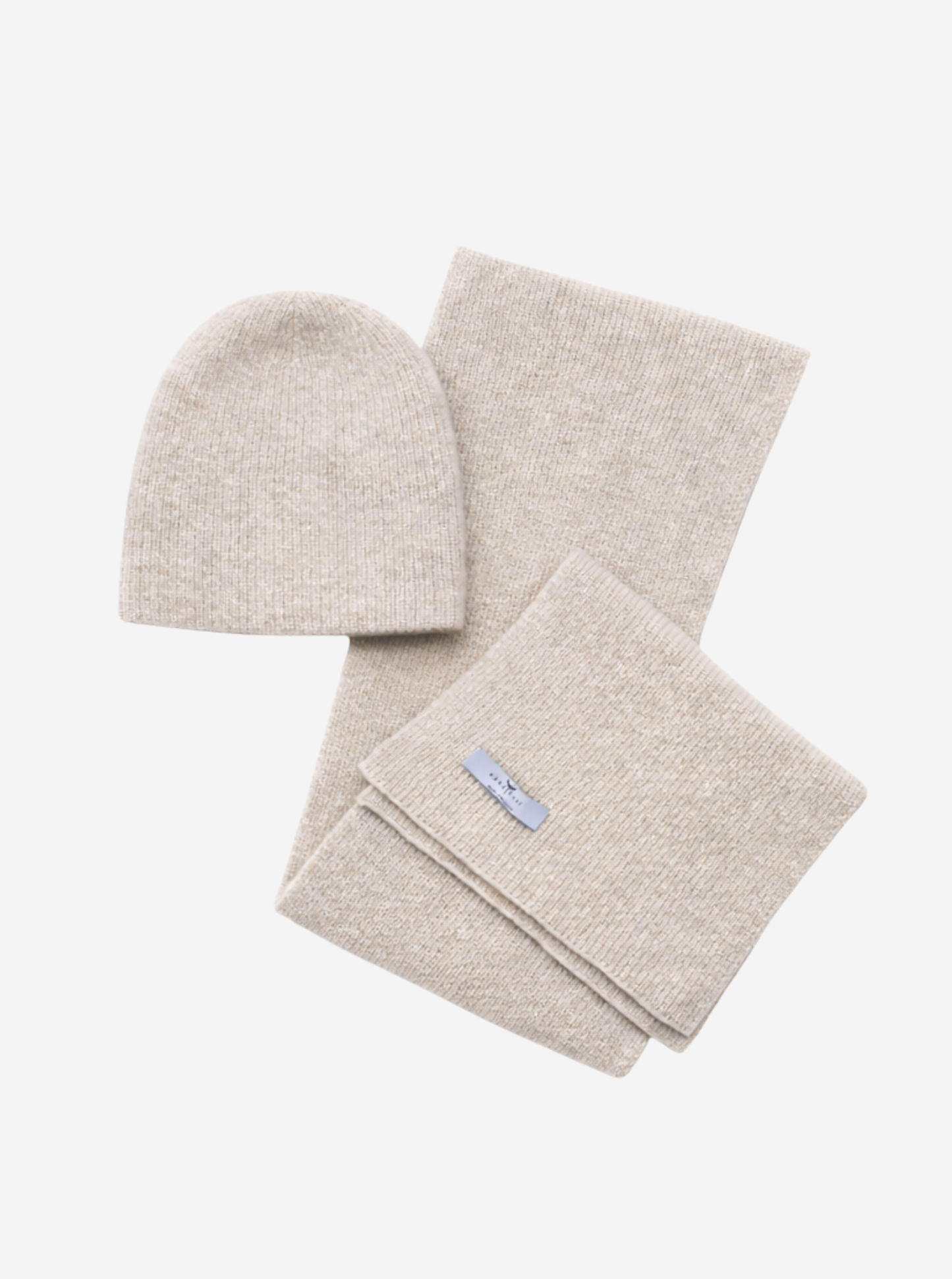 New Beige Cashmere Ribbed Knit Scarf and Hat Set
