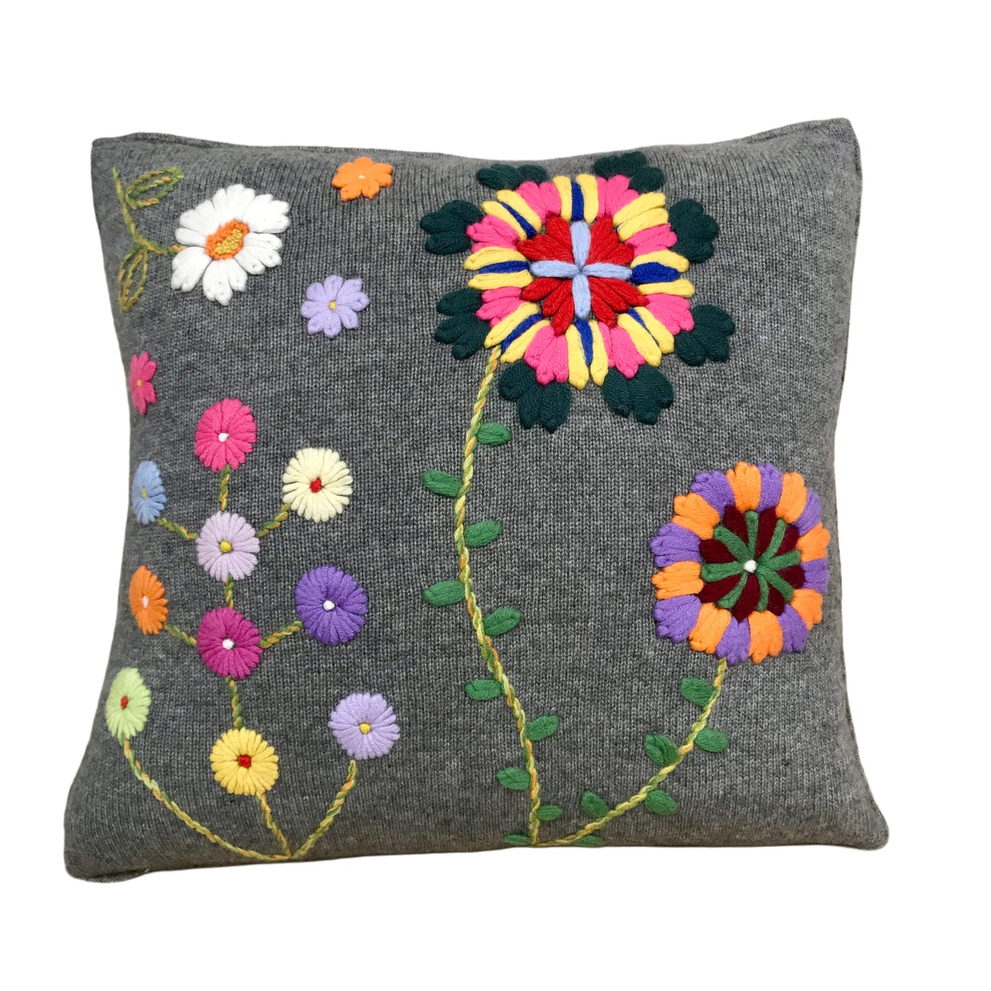 Grey Hand Embroidered Cashmere Cushion