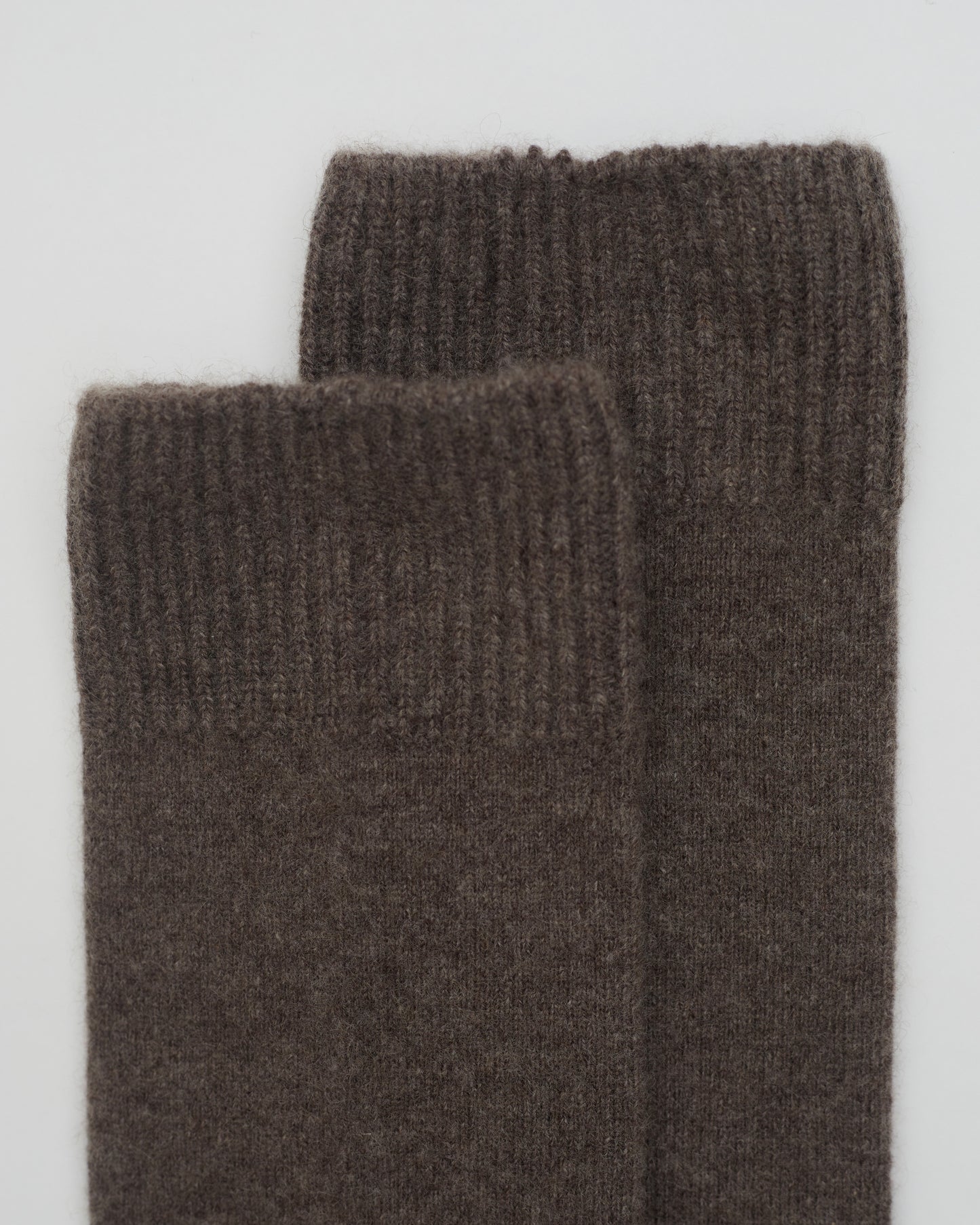 Close up flat lay of Brown Cashmere Long Socks with ribbed knit detail 