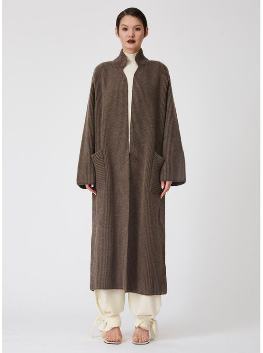 Brown Ribbed Knit Cashmere Long Coat