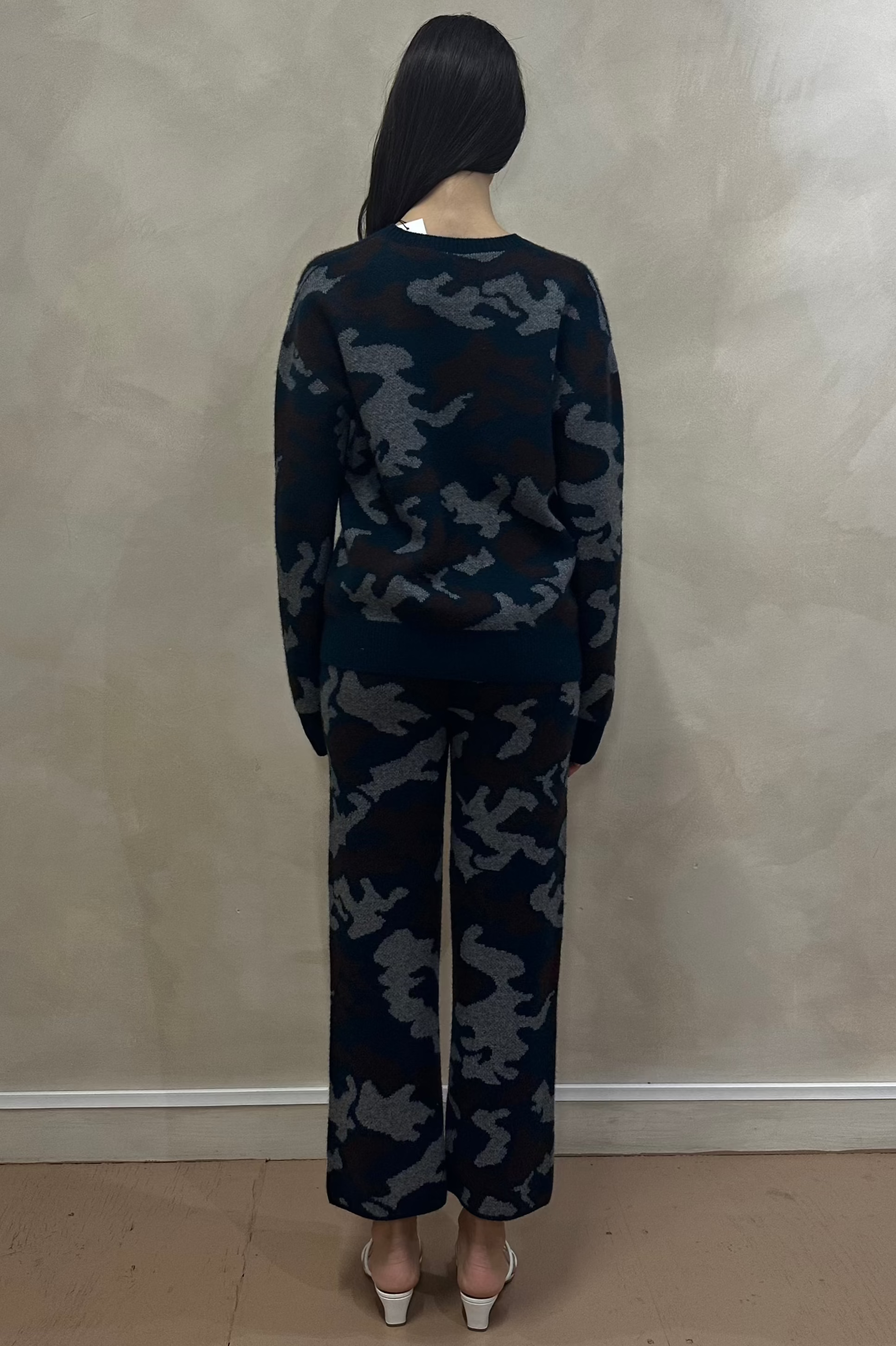 Camo Knit Cashmere Sweatshirt in blue navy, grey and brown back 