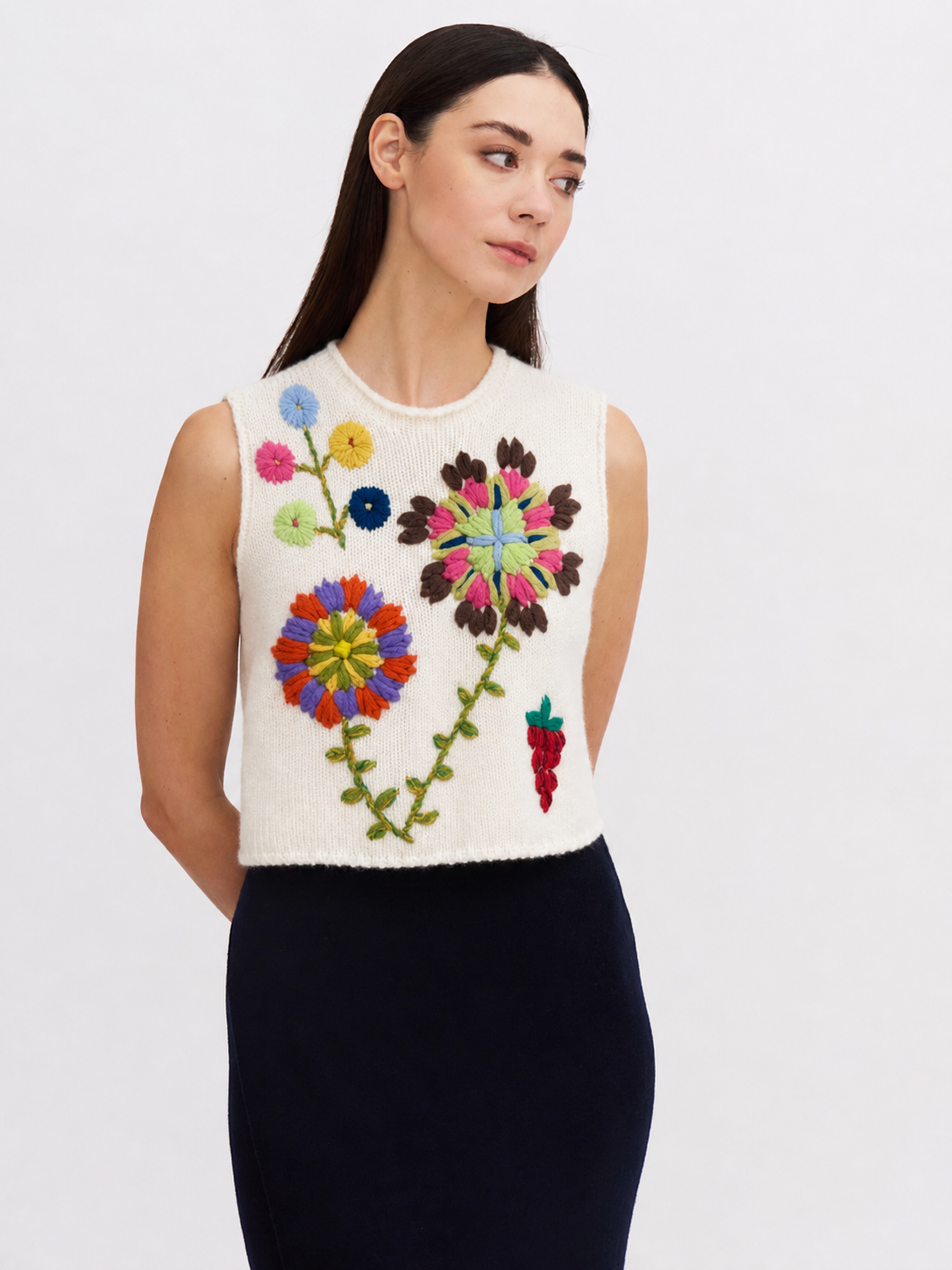 Embroidered Cashmere Cropped Tank