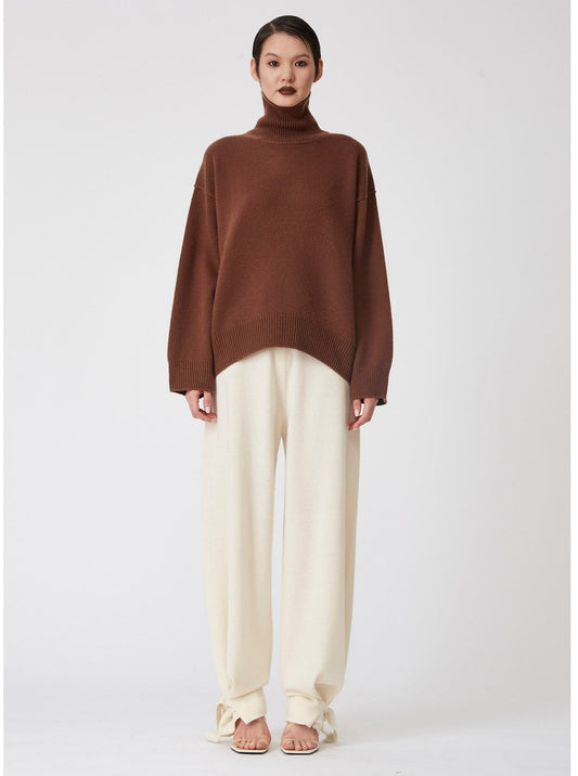 Chocolate Brown Oversized Roll Neck Cashmere Sweater