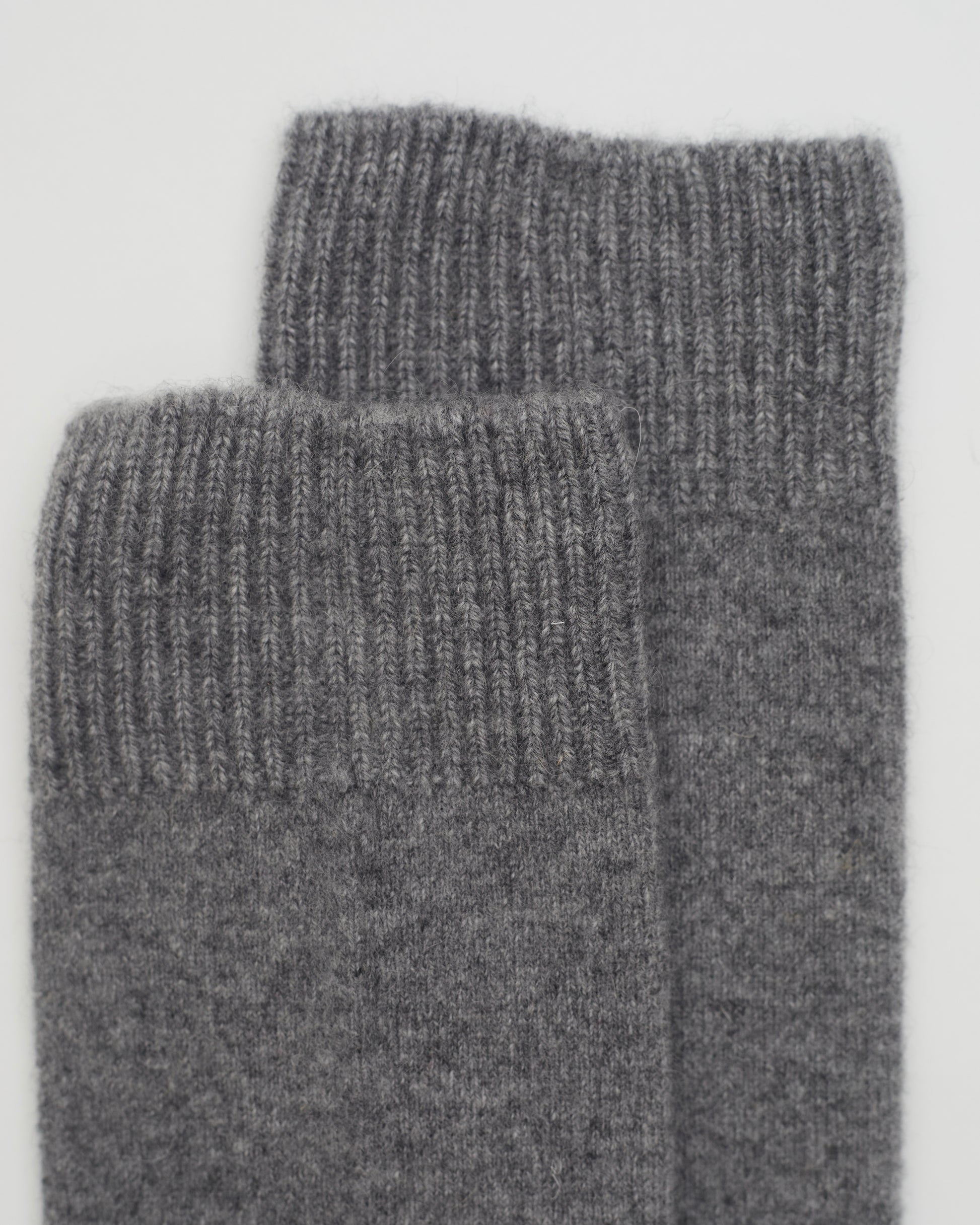 Close up flat lay of Grey Cashmere Long Socks with ribbed knit detail 