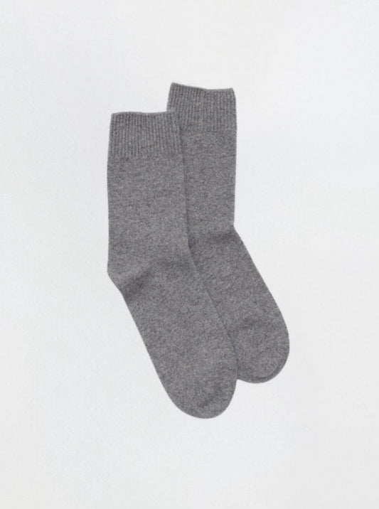 Front flat lay of ankle length grey Cashmere Socks