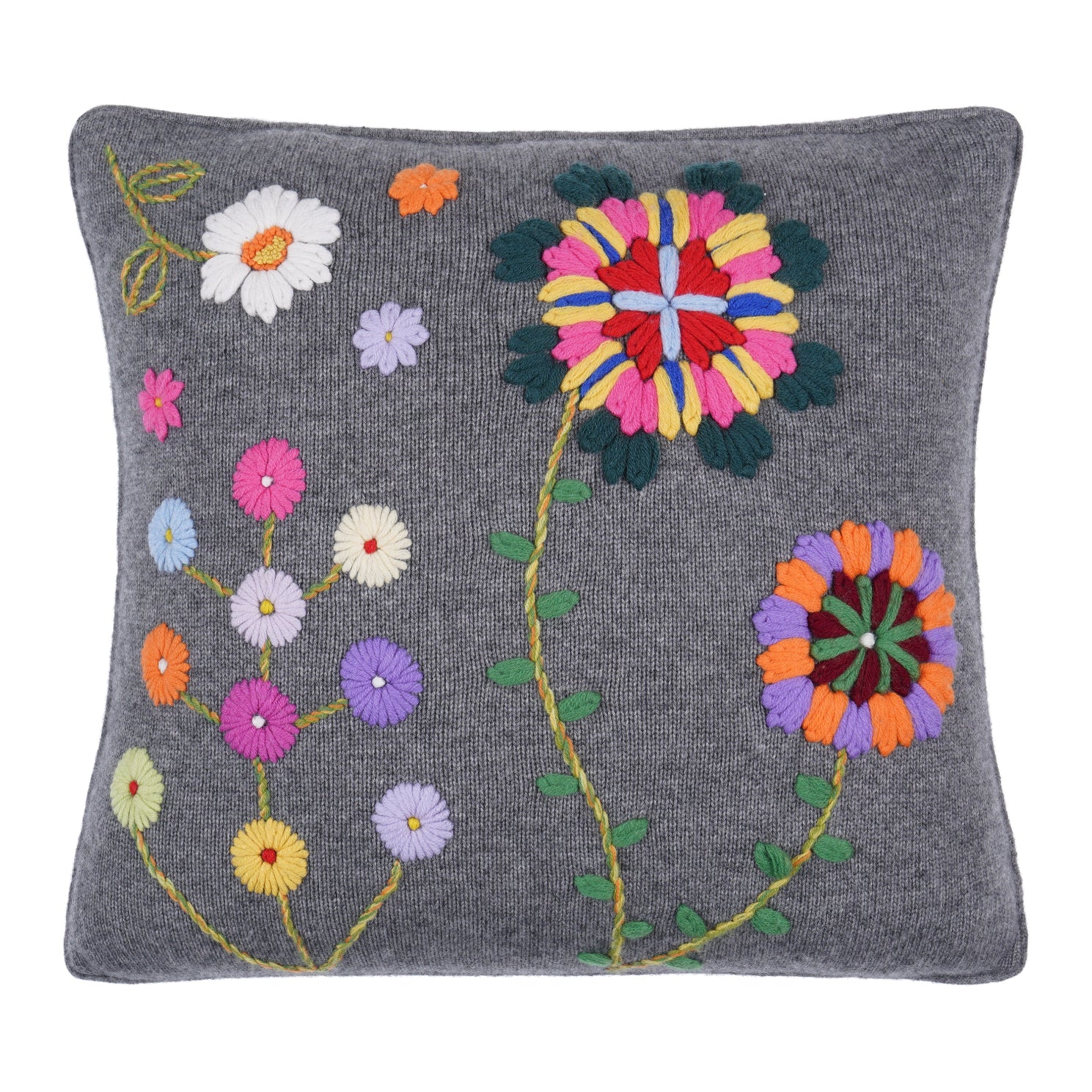 Grey knitted cashmere cushion with bright coloured floral hand embroidery.