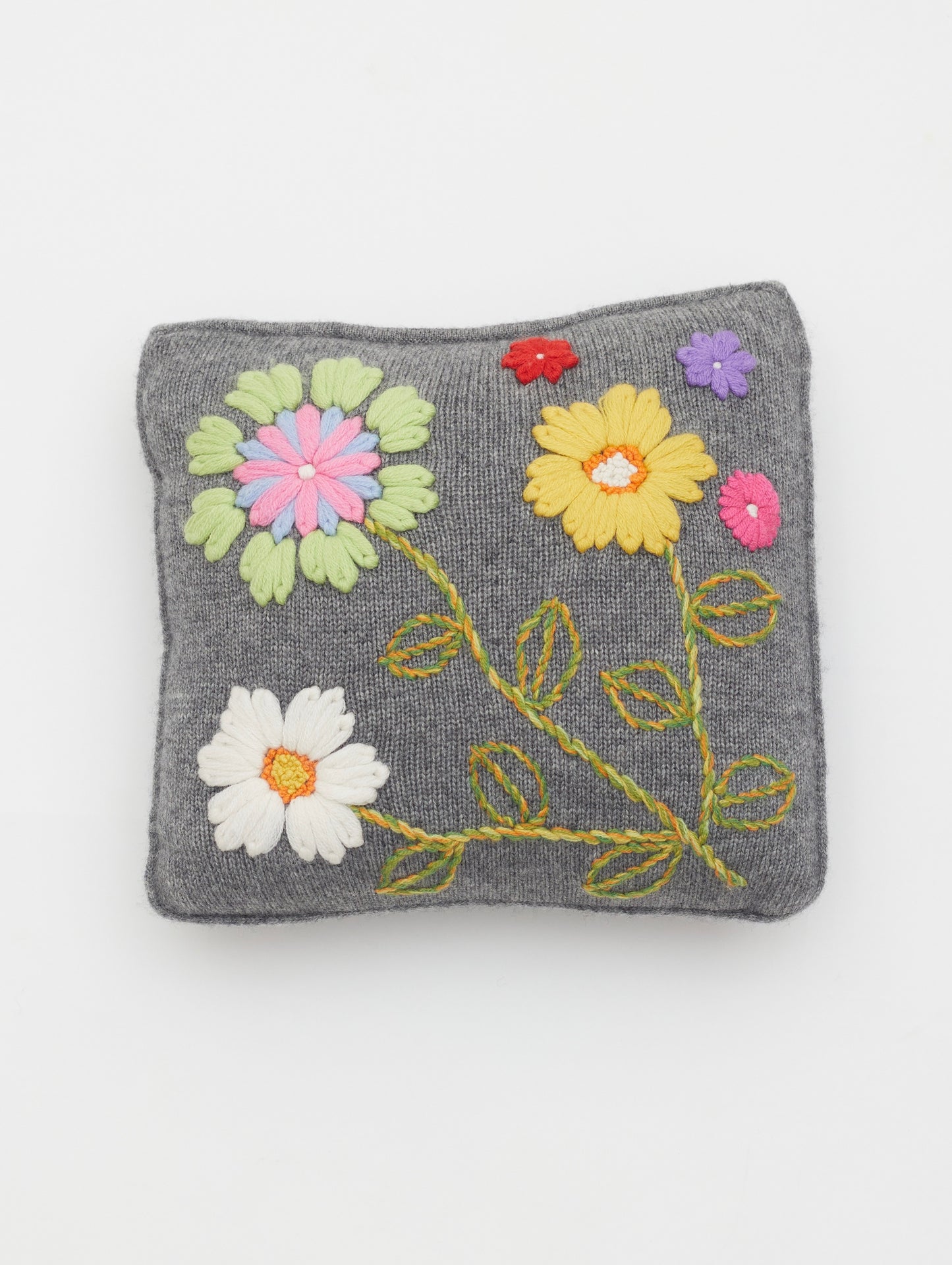 Grey Hand Embroidered Cashmere Cushion