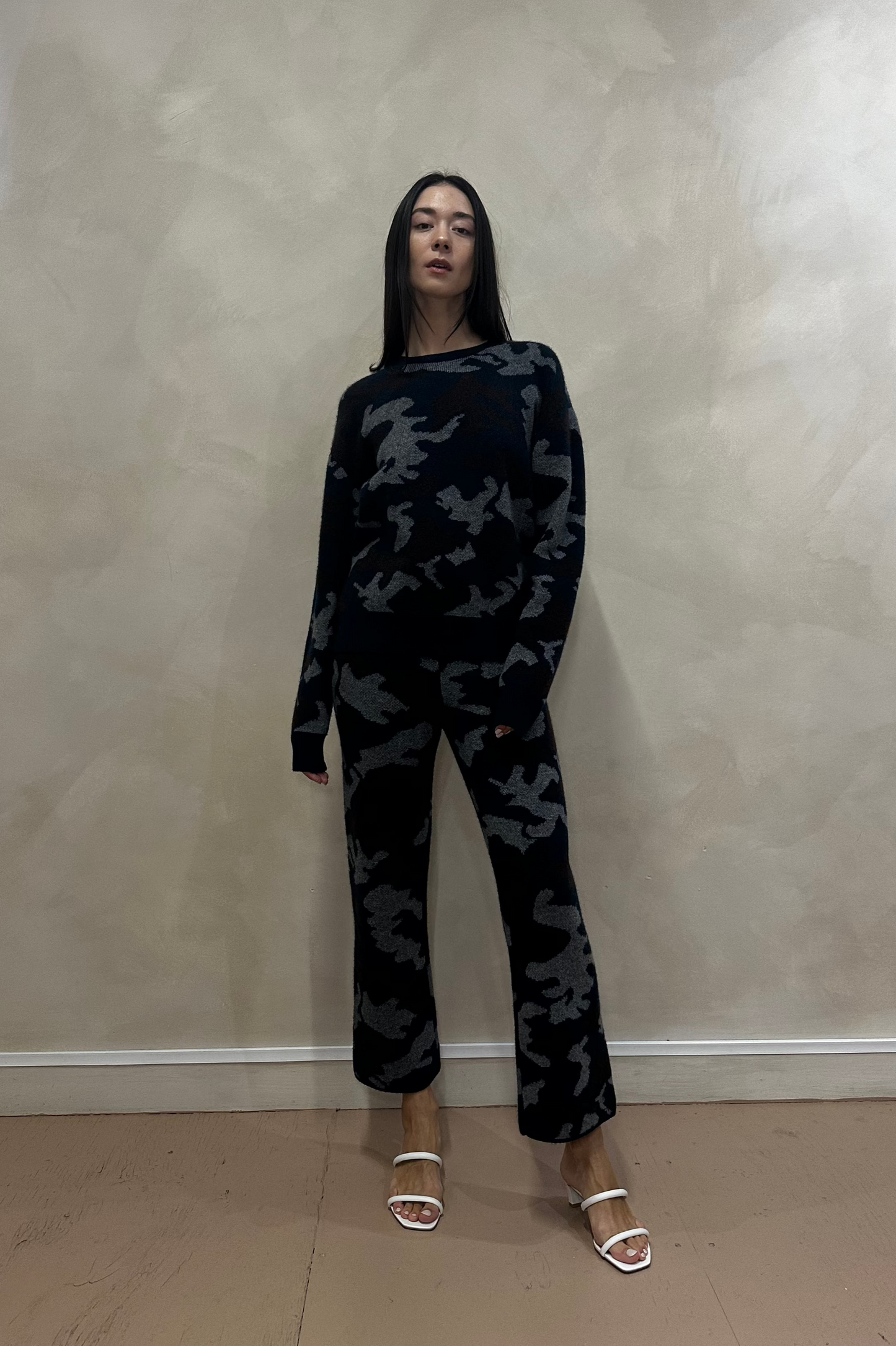 Camo Print Wide Leg Cashmere Pants