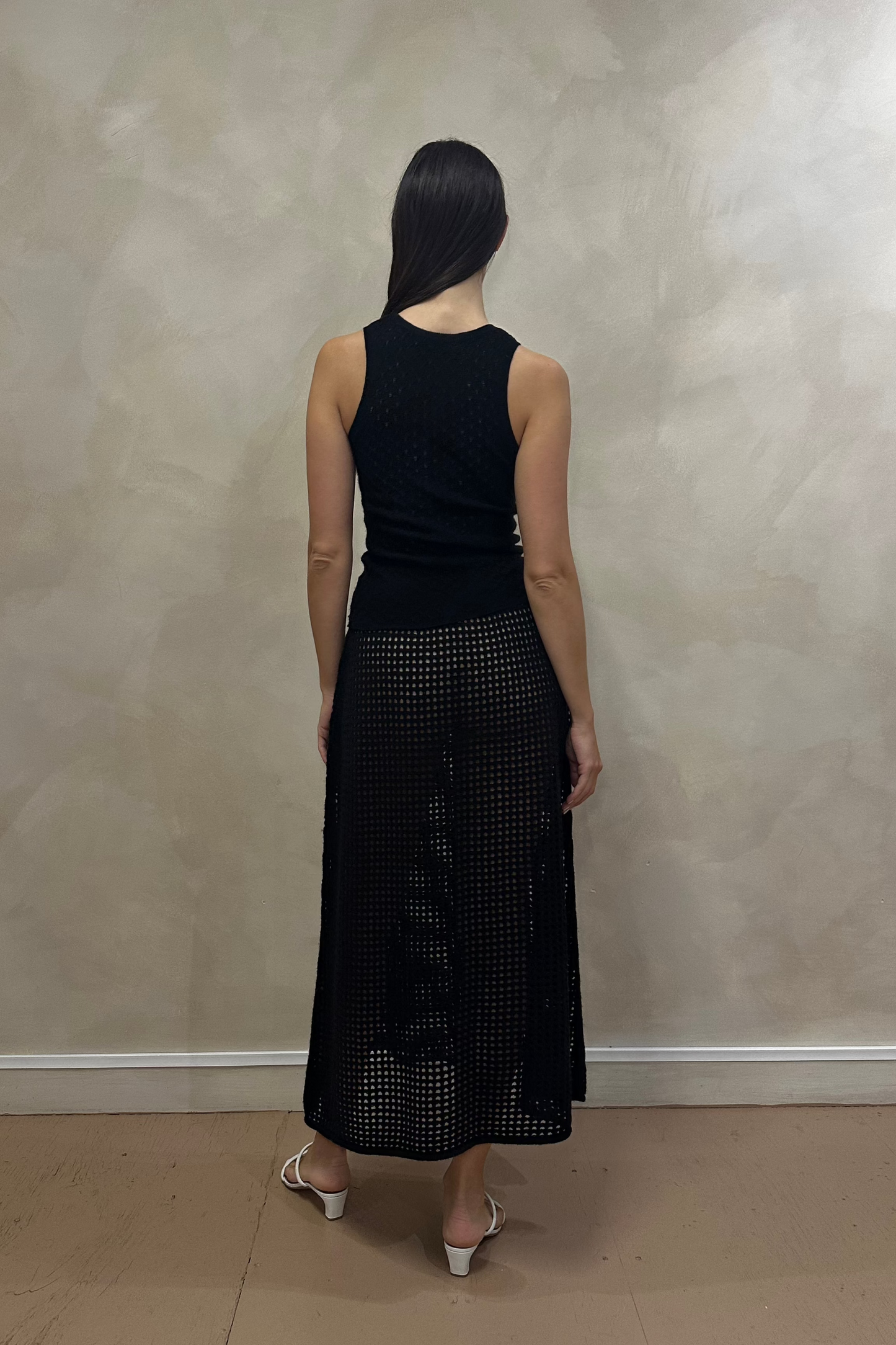 Black Peephole Cashmere Maxi Skirt