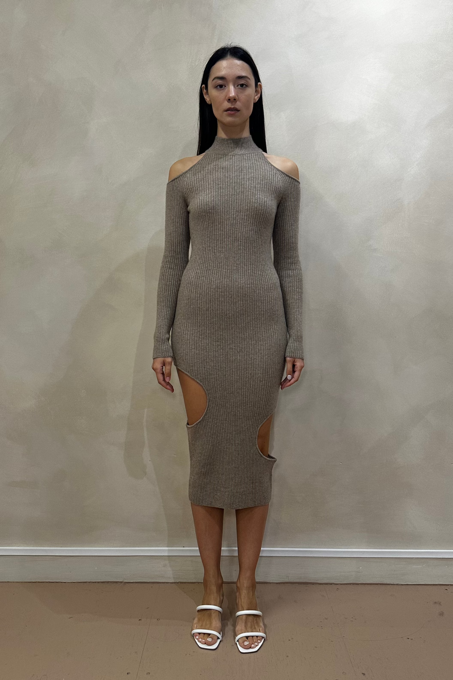 Light Brown Cashmere Knit Bodycon Cut-Out Dress