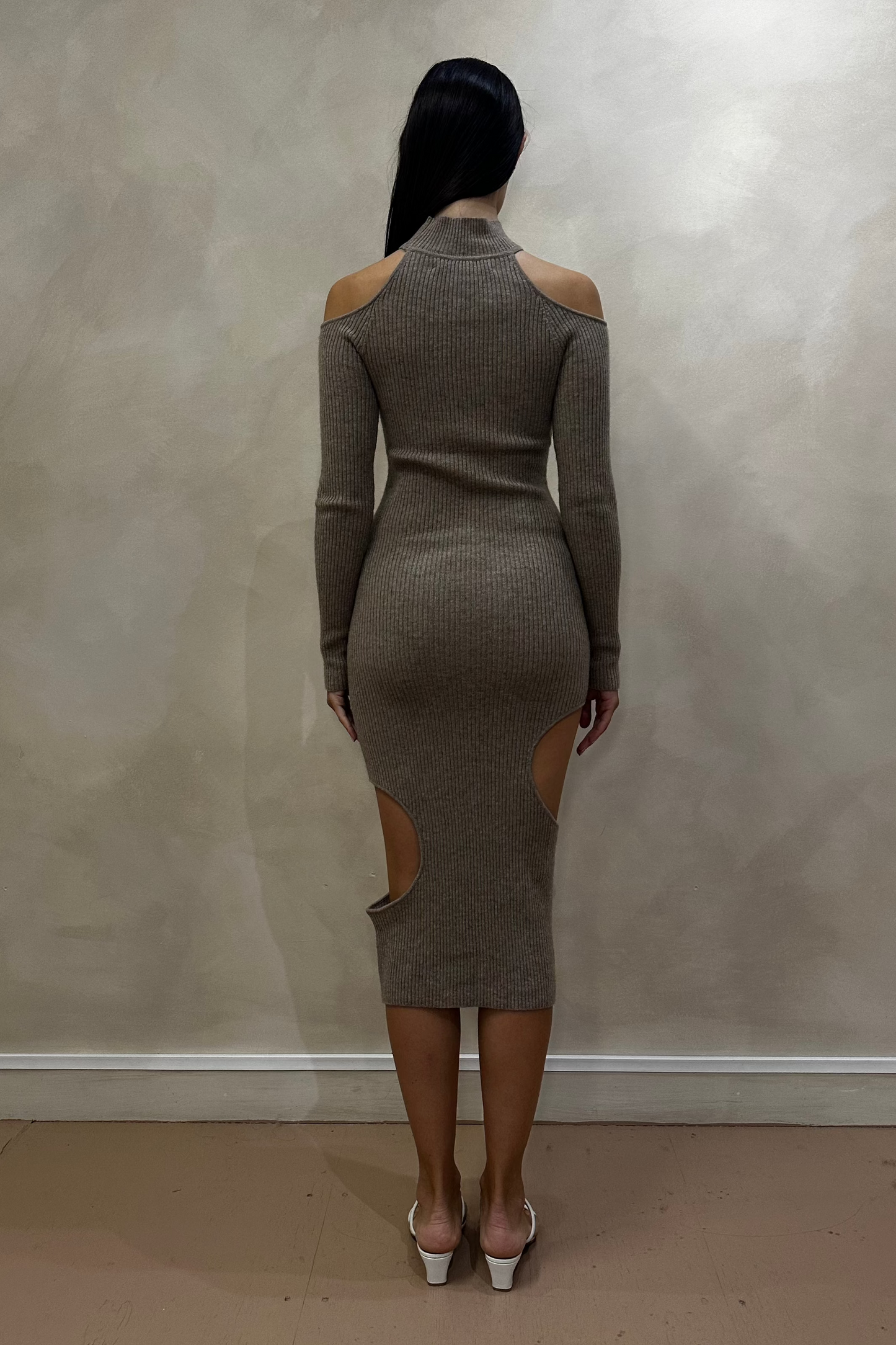 Light Brown Cashmere Knit Bodycon Cut-Out Dress