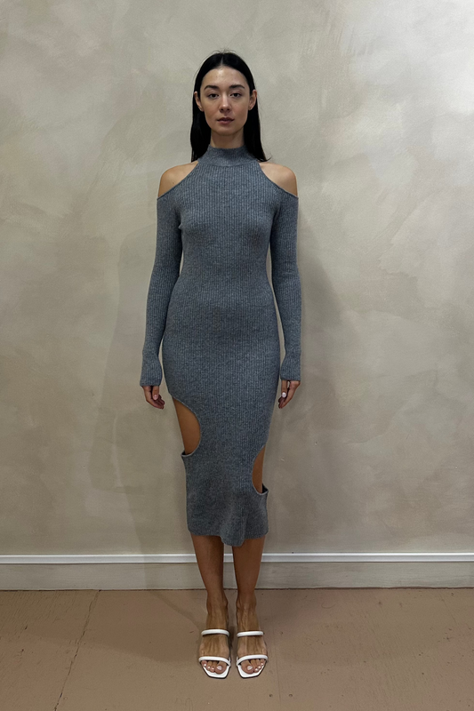 Grey Cashmere Knit Bodycon Cut-Out Dress