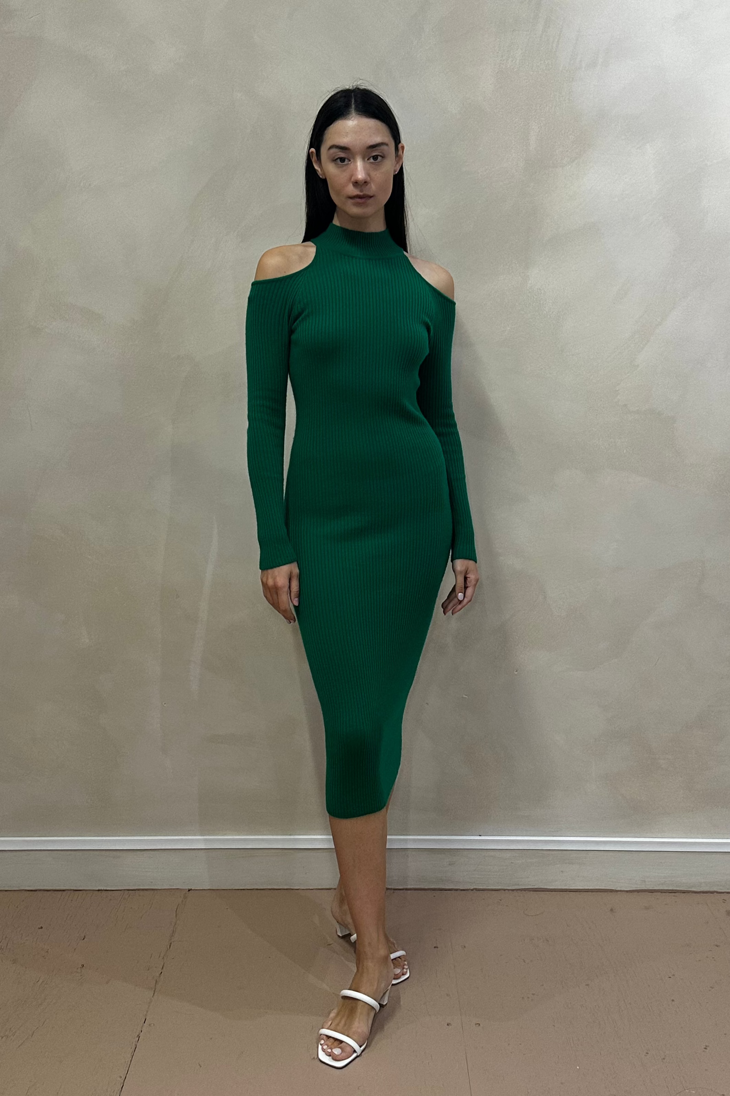 Green Cashmere Knit Bodycon Halter Neck Dress