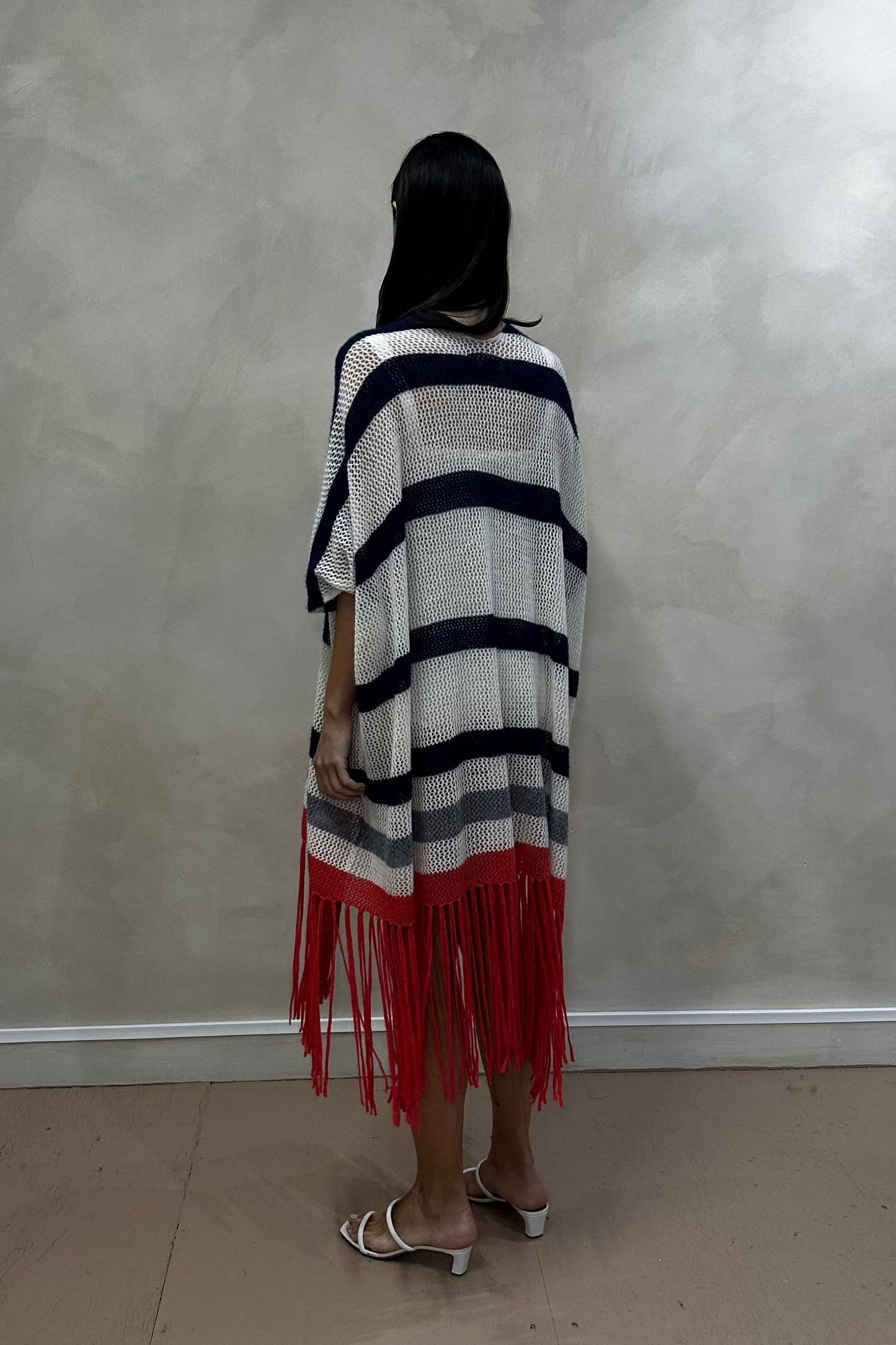 Striped Lace Knit Fringed Shawl