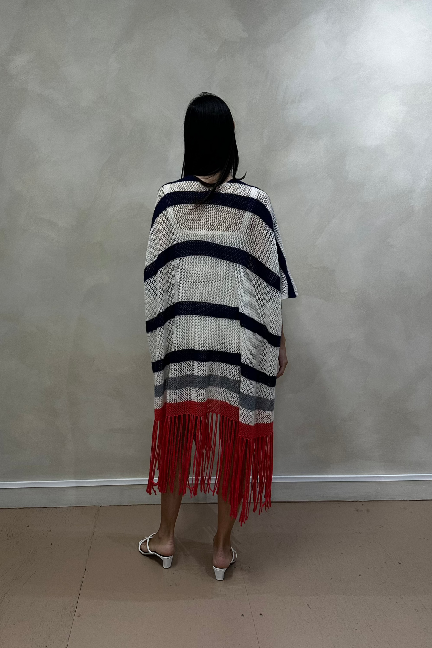 Striped Lace Knit Fringed Shawl