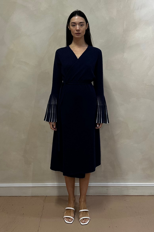 Navy Cashmere Pleated Sleeve Wrap Dress