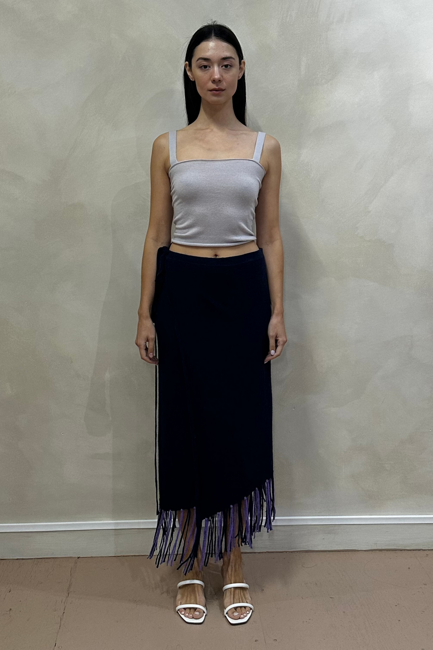 Navy Cashmere Fringed Long Skirt