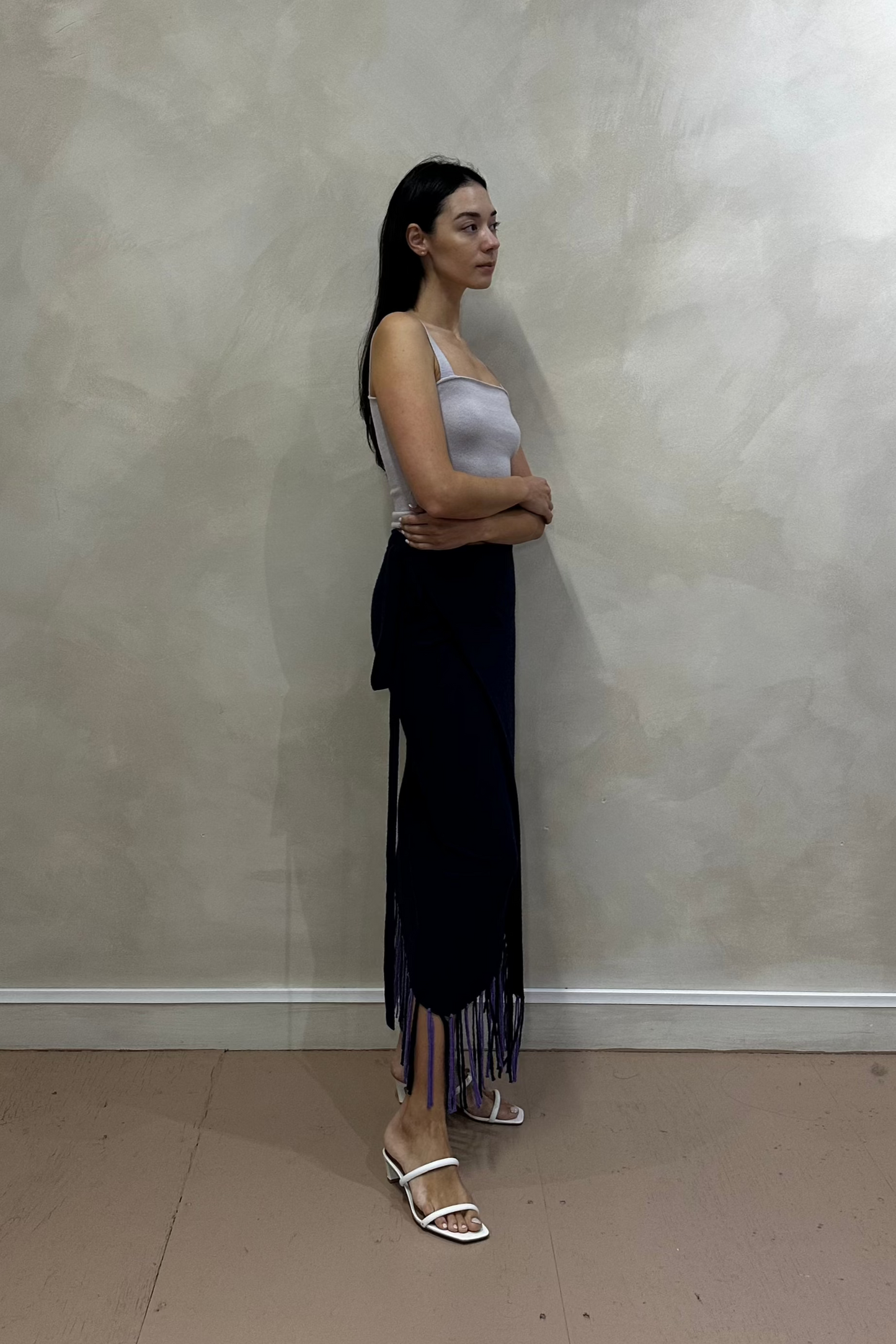 Navy Cashmere Fringed Long Skirt