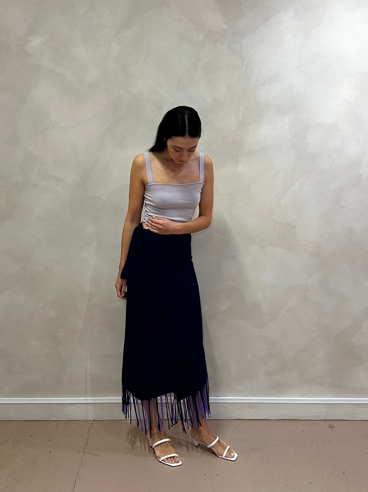 Navy Cashmere Fringed Long Skirt