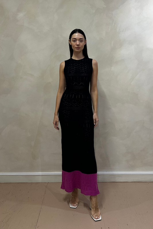 Black/Deep Pink Sleeveless Cashmere Knit Long Dress