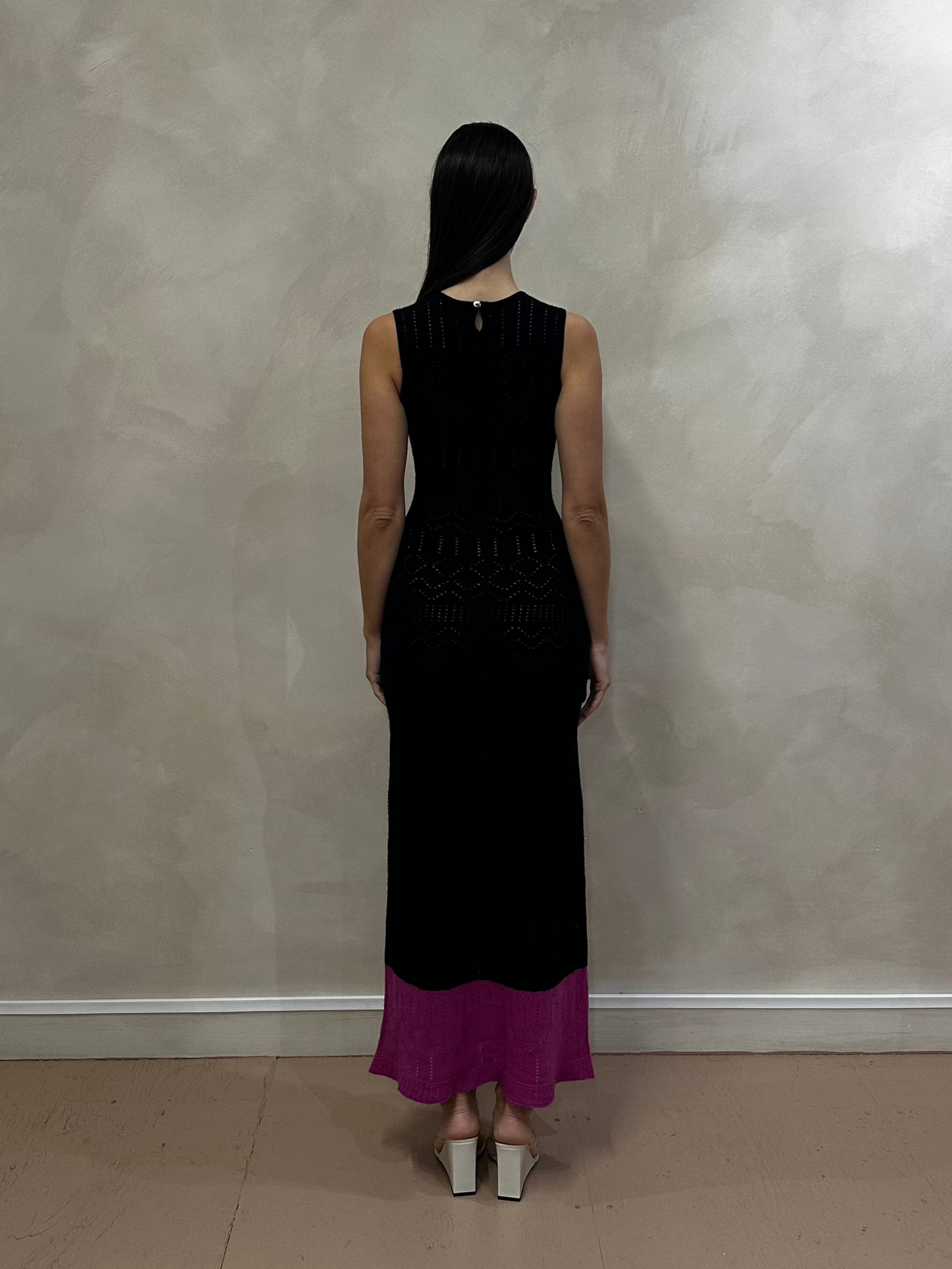 Black/Deep Pink Sleeveless Cashmere Knit Long Dress