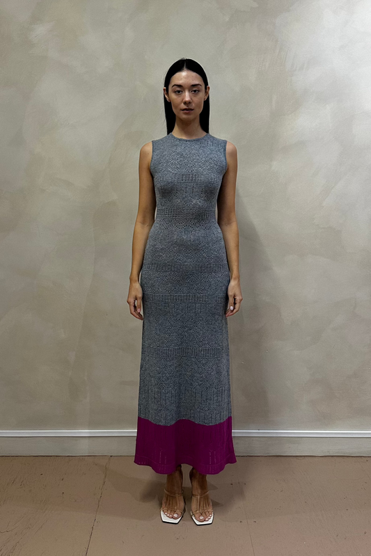 Grey/Deep Pink Sleeveless Cashmere Knit Long Dress