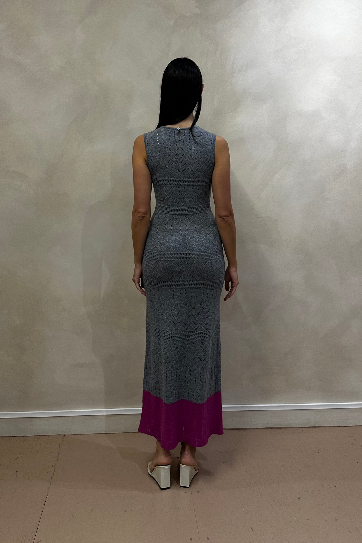 Grey/Deep Pink Sleeveless Cashmere Knit Long Dress