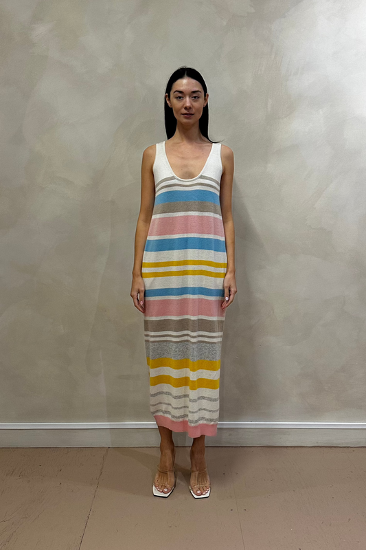 White/Multicolour Cashmere Striped Summer Shift Dress