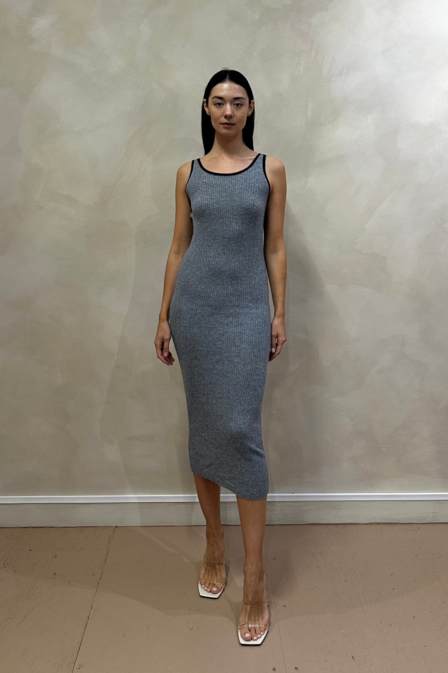 Grey/Navy Bodycon Back Slit Midi Dress