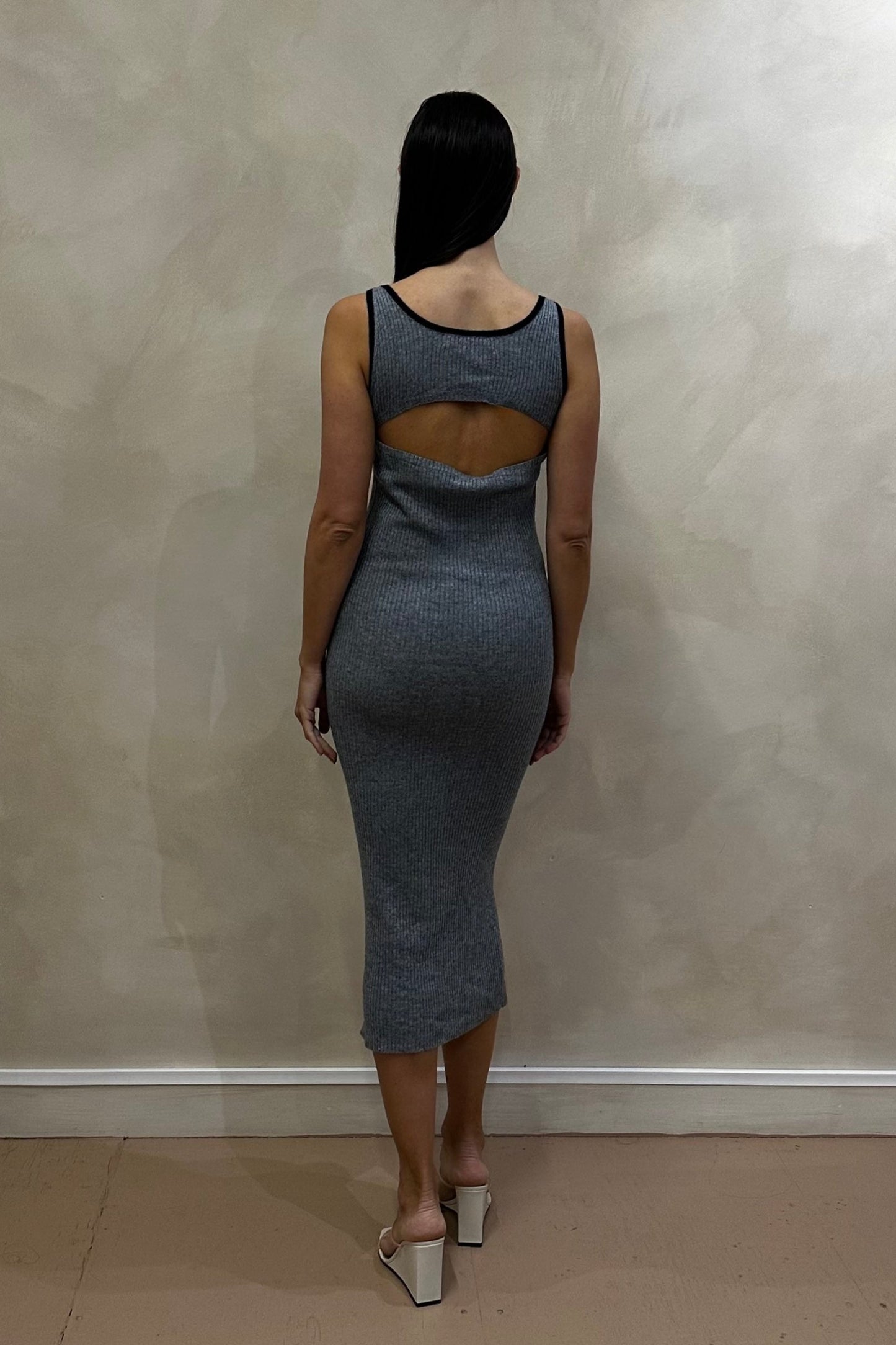 Grey/Pink Bodycon Back Slit Midi Dress