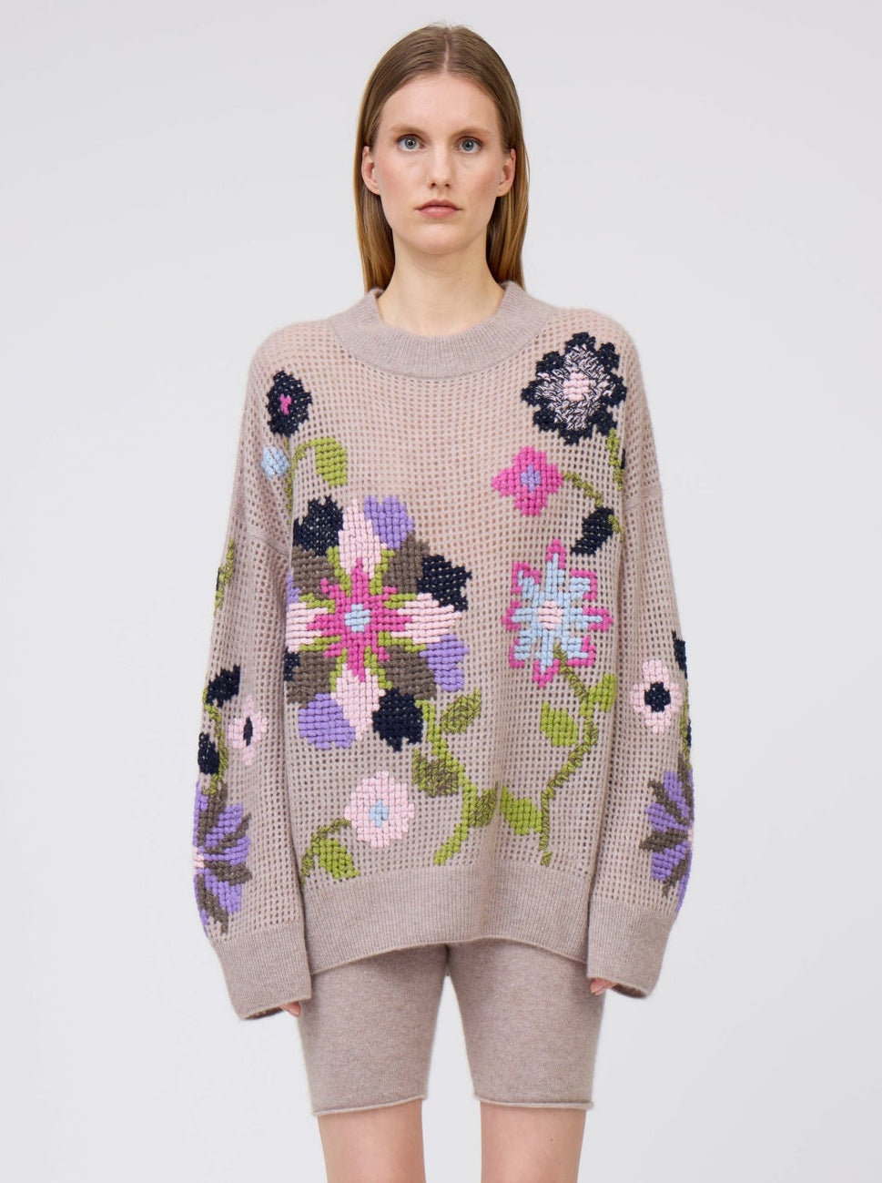 Lavender Beige Cross Stitch Flower Sweater – MANDKHAI
