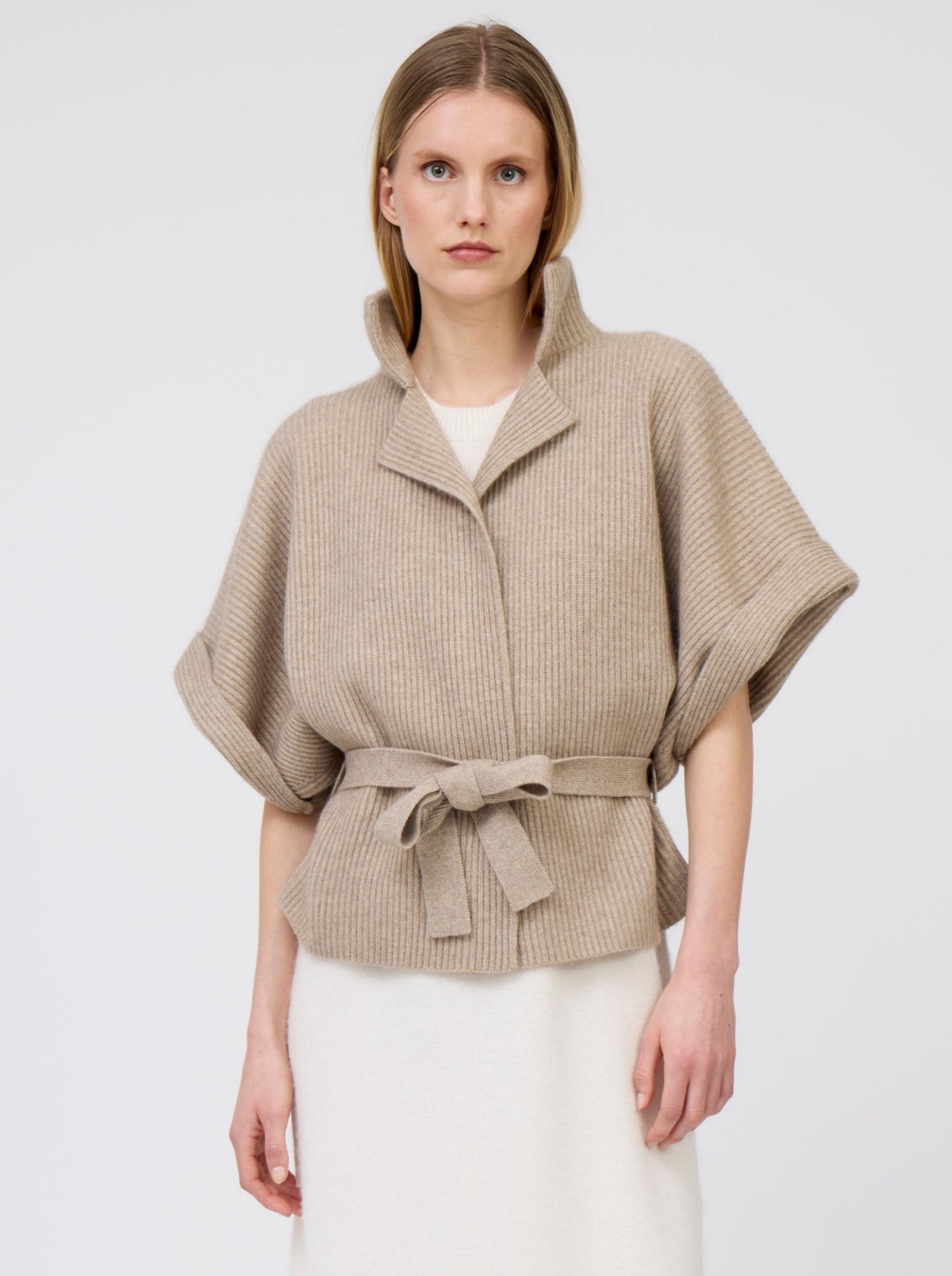 Light Brown Cashmere Belted Kimono Jacket