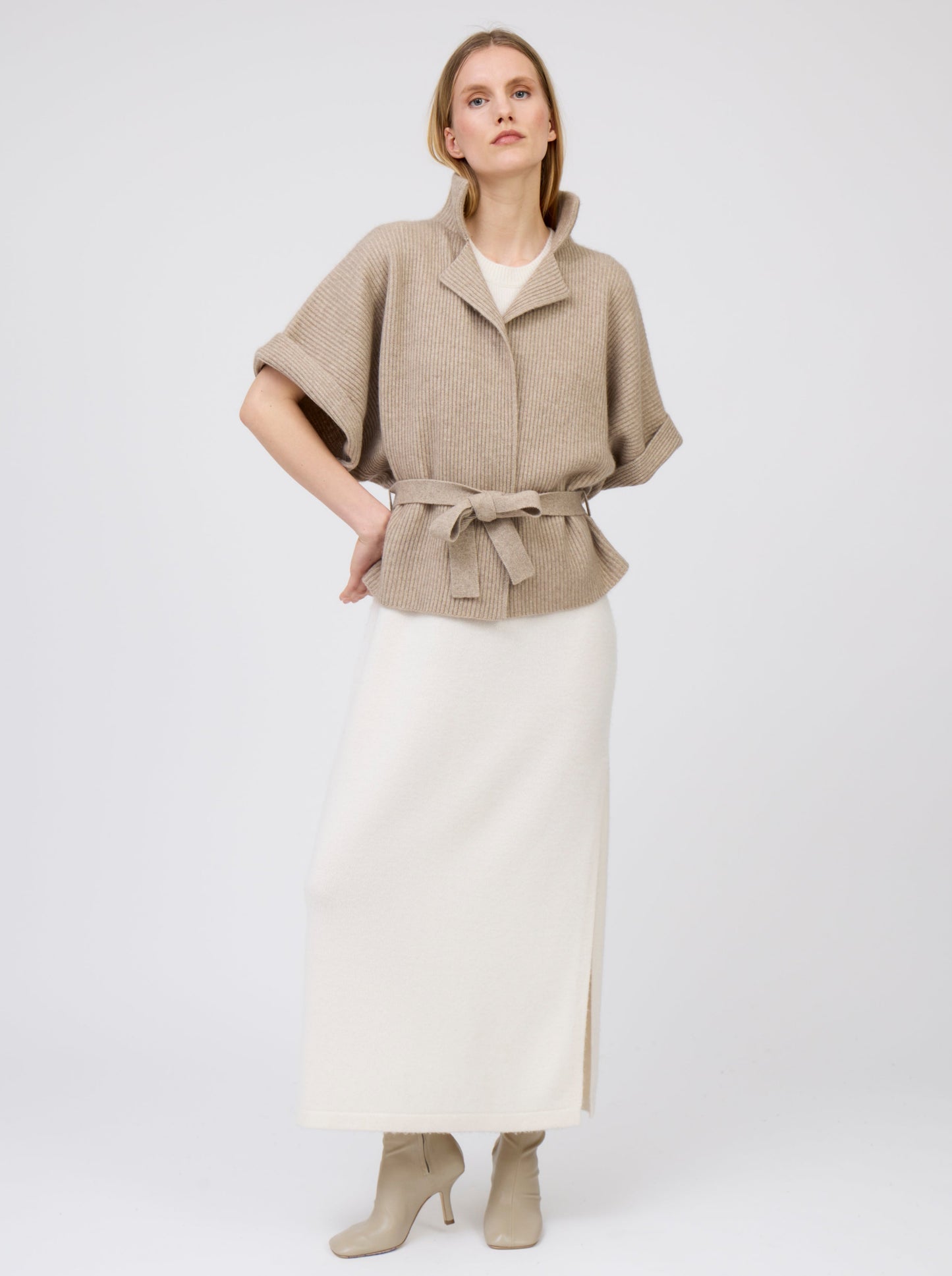 Light Brown Cashmere Belted Kimono Jacket