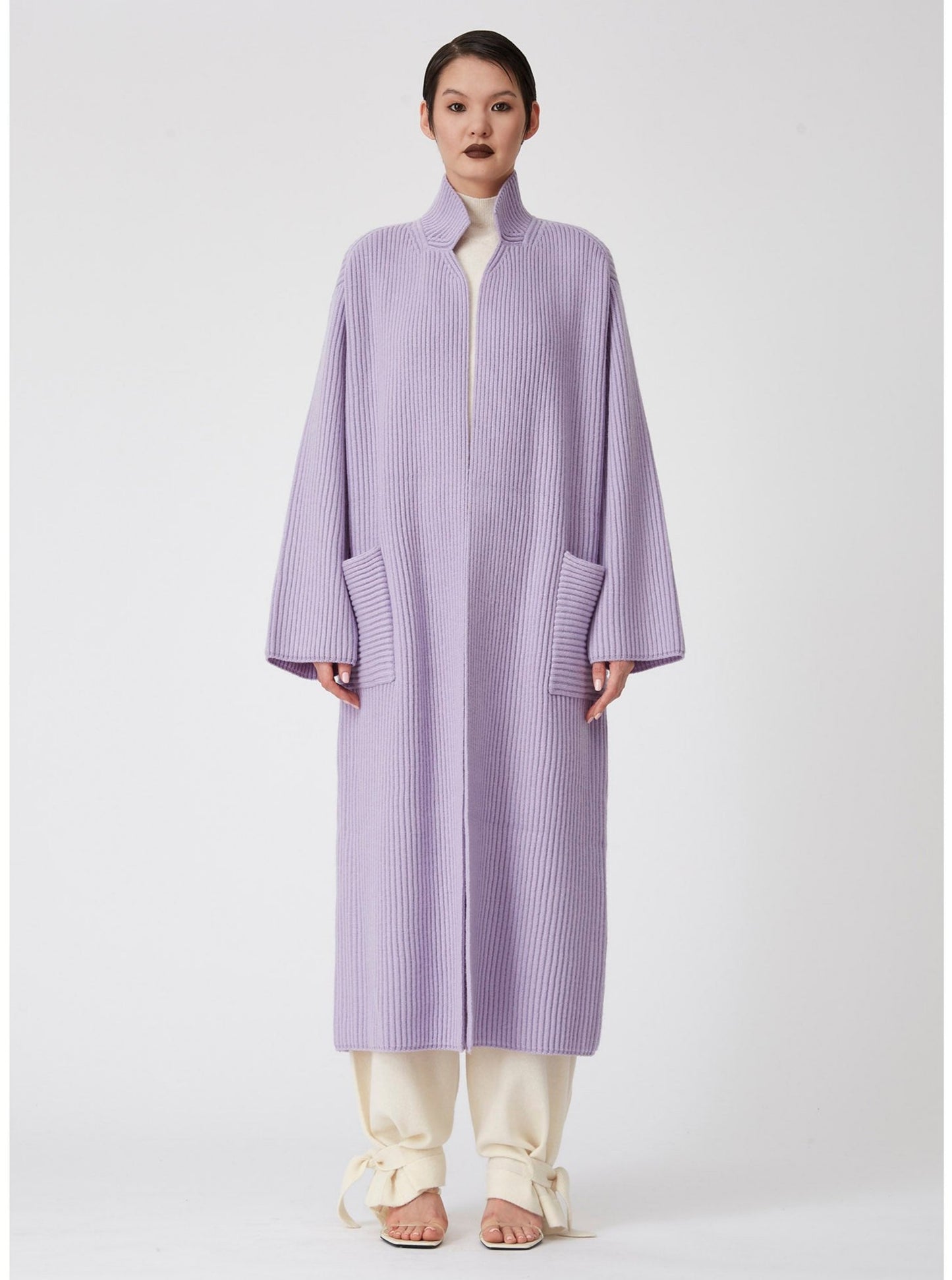 Light Purple Ribbed Knit Cashmere Long Coat